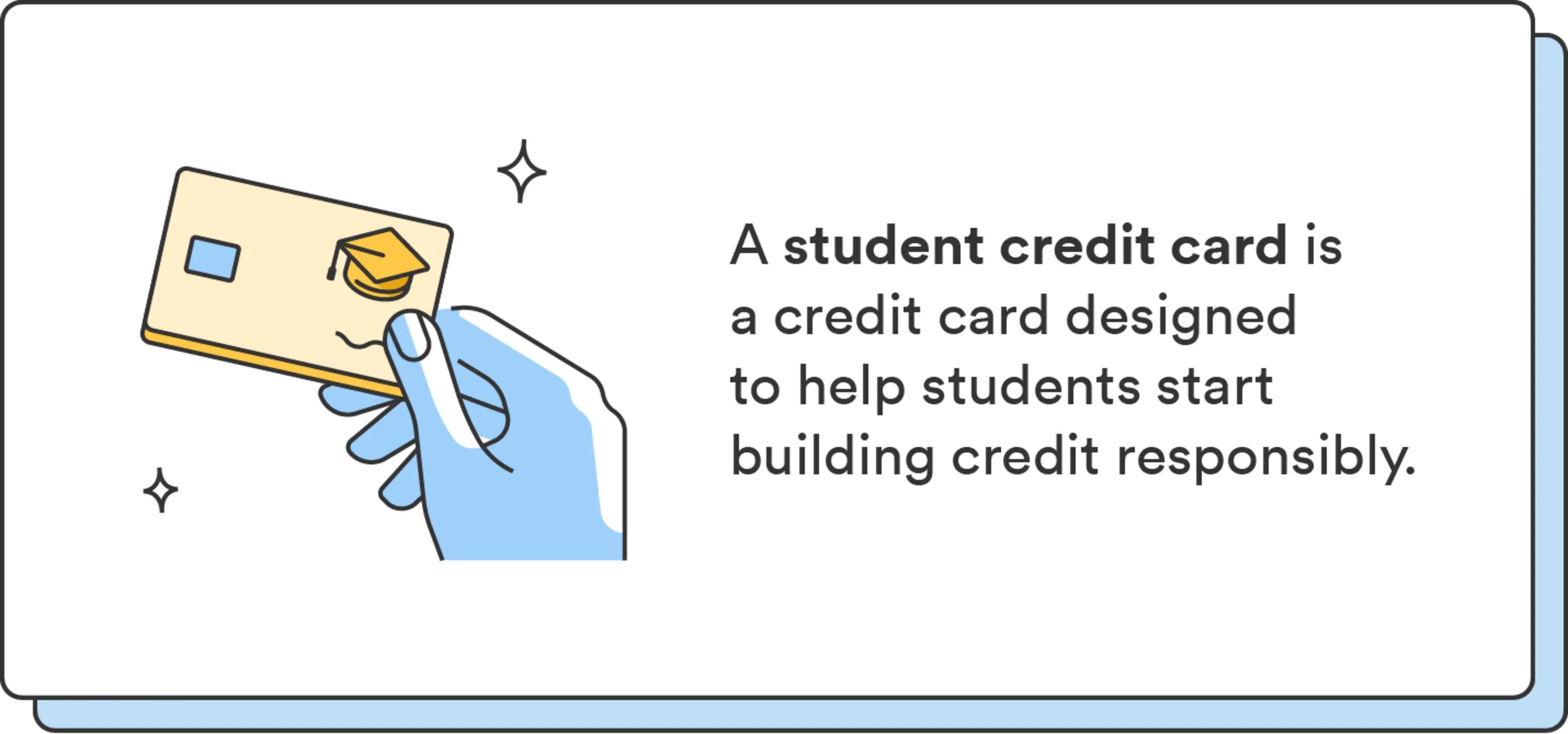 An illustration of a hand holding a credit card accompanies the definition for a student credit card.