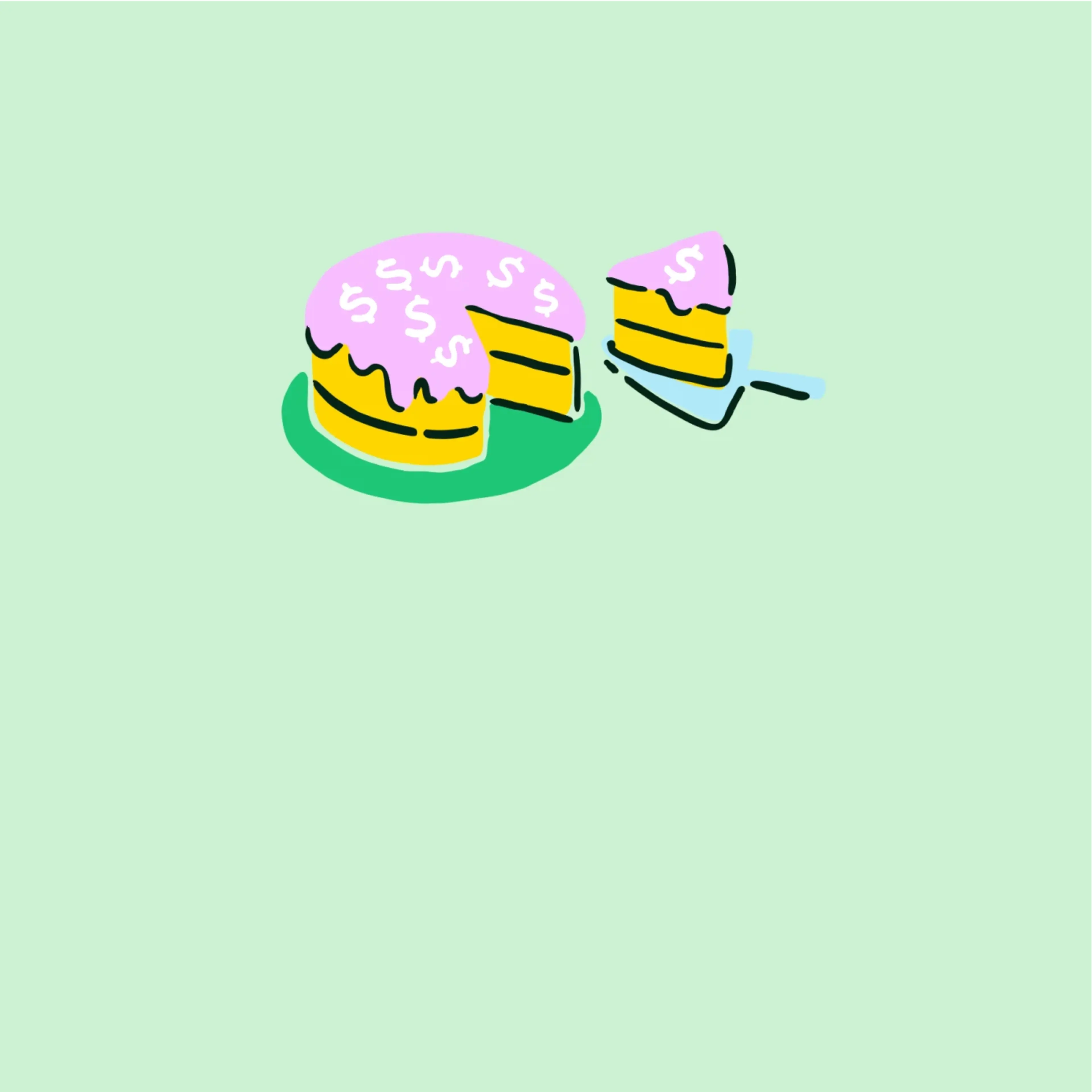 Illustration of a pink-frosted cake with dollar signs and a slice cut out on a plate.