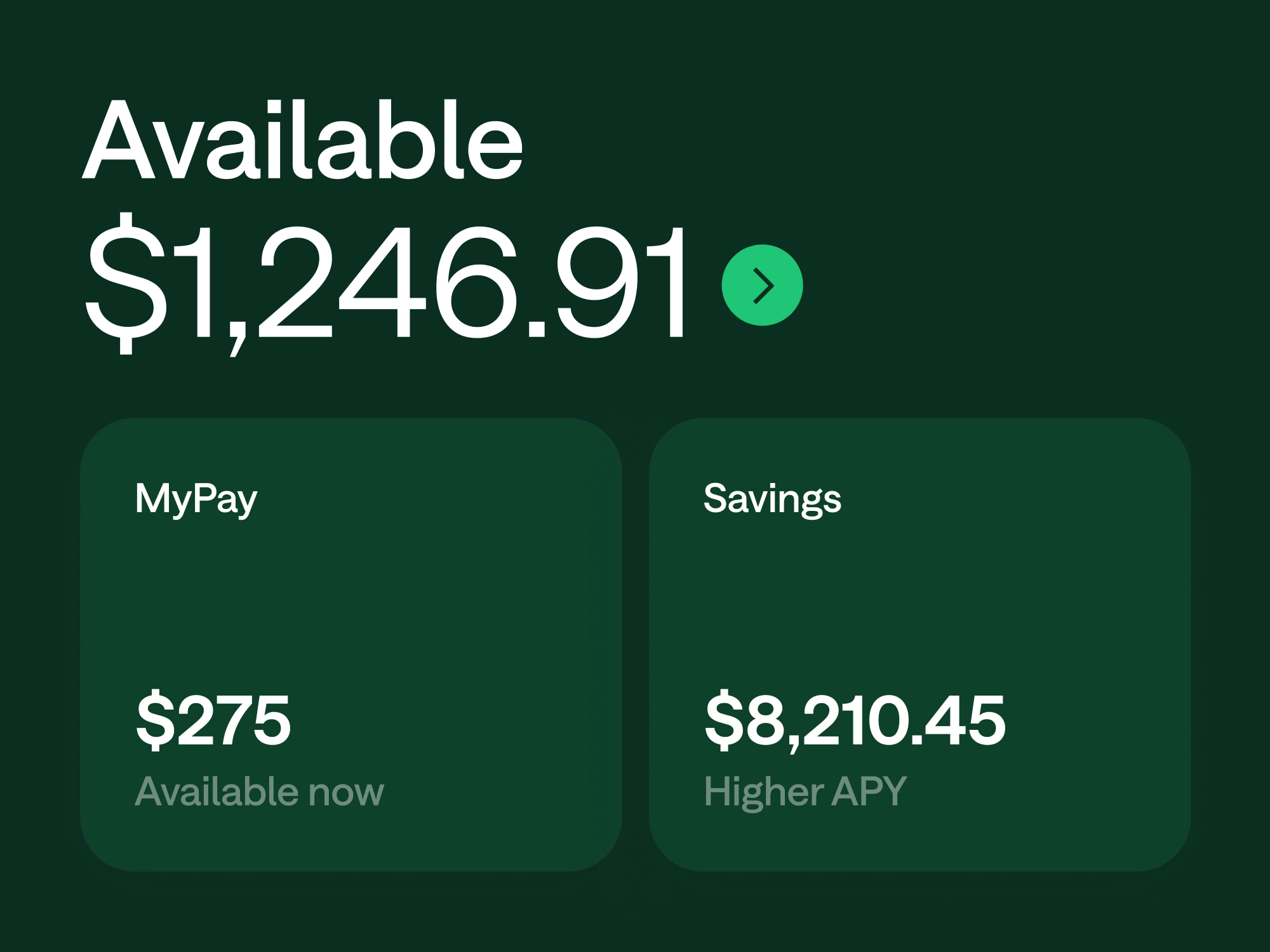 Chime app screen showing available balance of $1,246.91, MyPay $275, and Savings $8,210.45 with Higher APY.