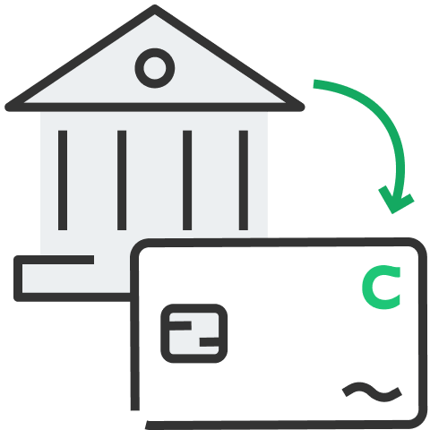Illustration of an arrow pointing from a bank to a Chime card.