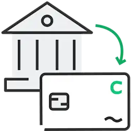 Illustration of an arrow pointing from a bank to a Chime card.