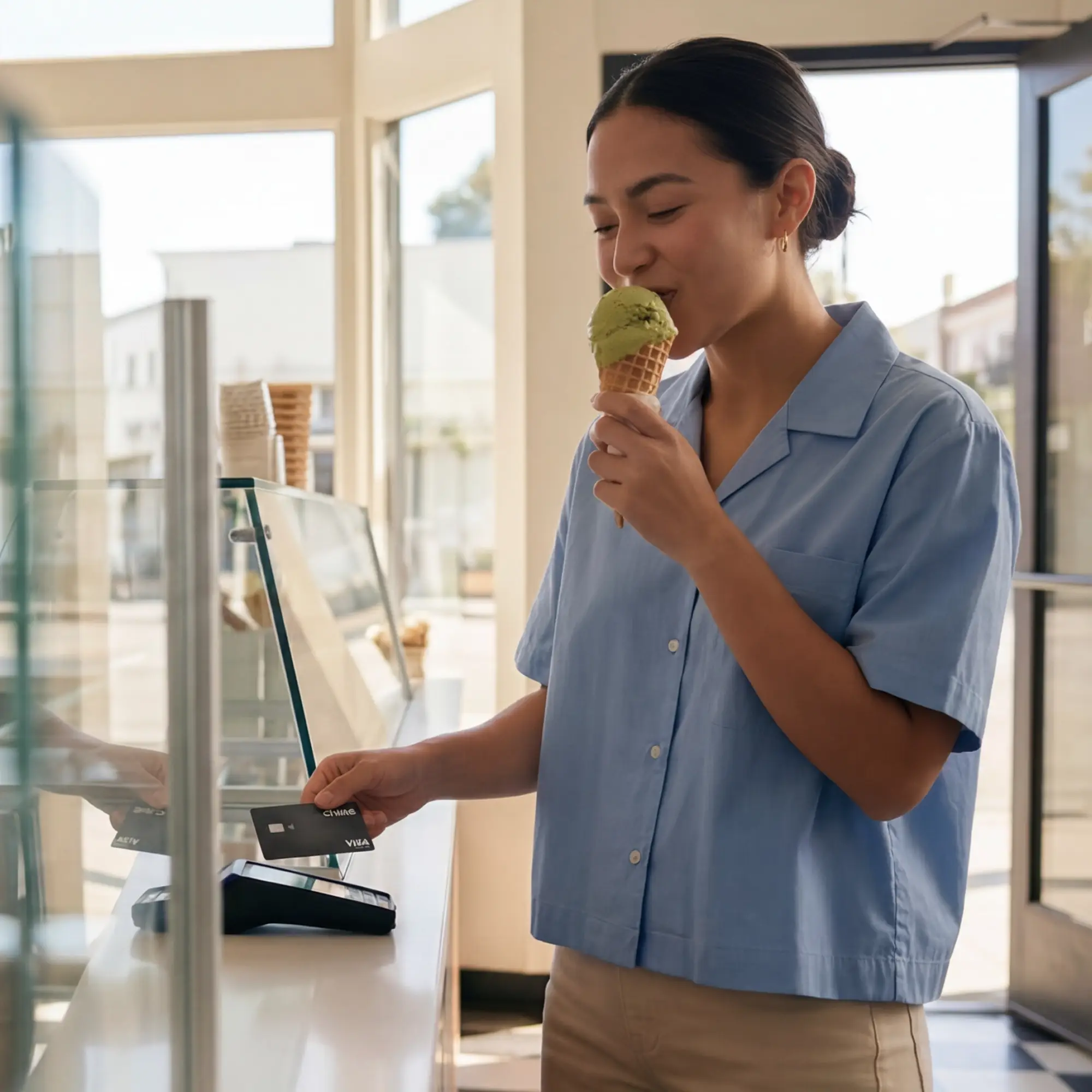Woman in a blue shirt tapping a Chime Visa card on a payment terminal while eating a green ice cream cone.