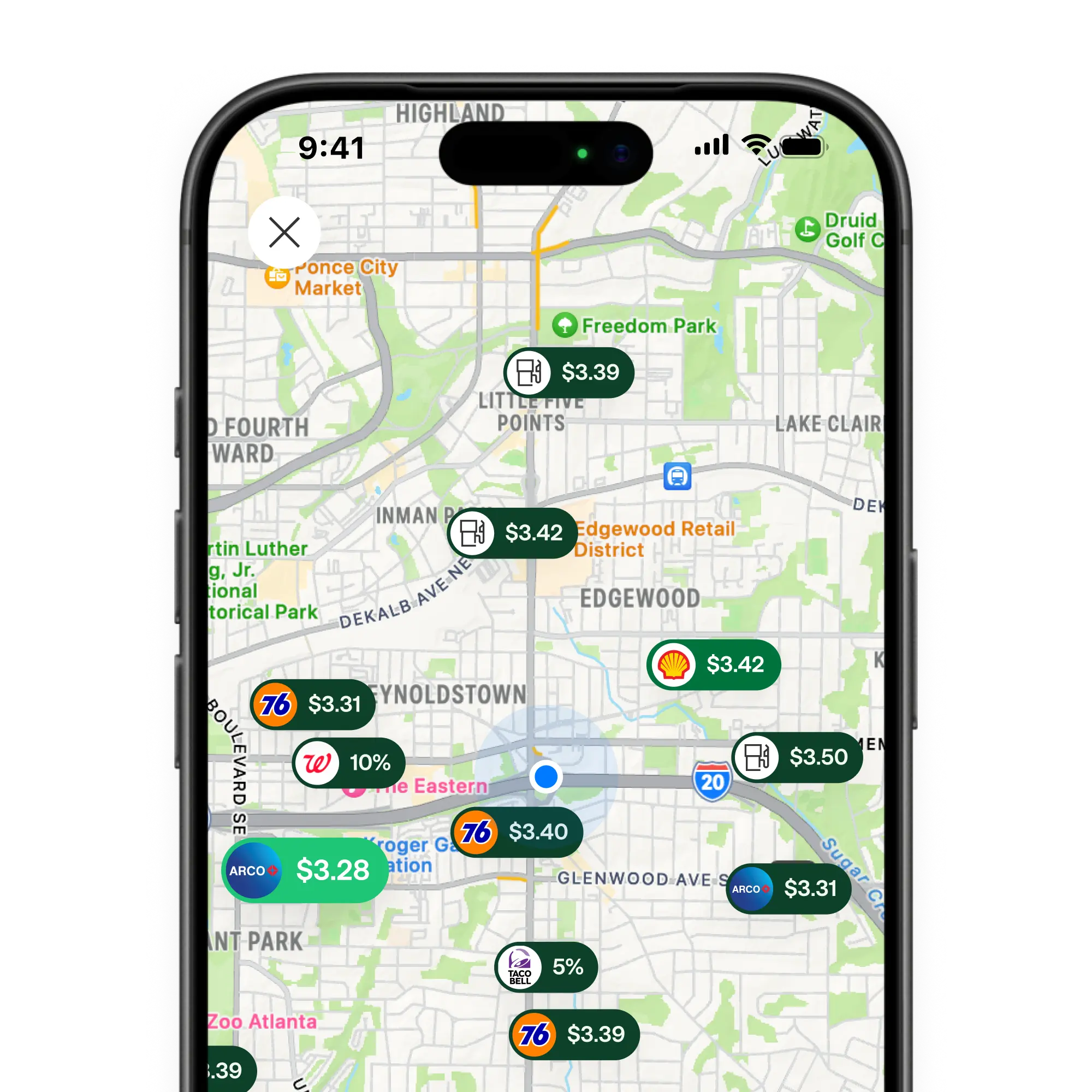 A smartphone displaying a map app showing nearby gas prices and deals from stations like ARCO, Shell, and 76 in Atlanta.
