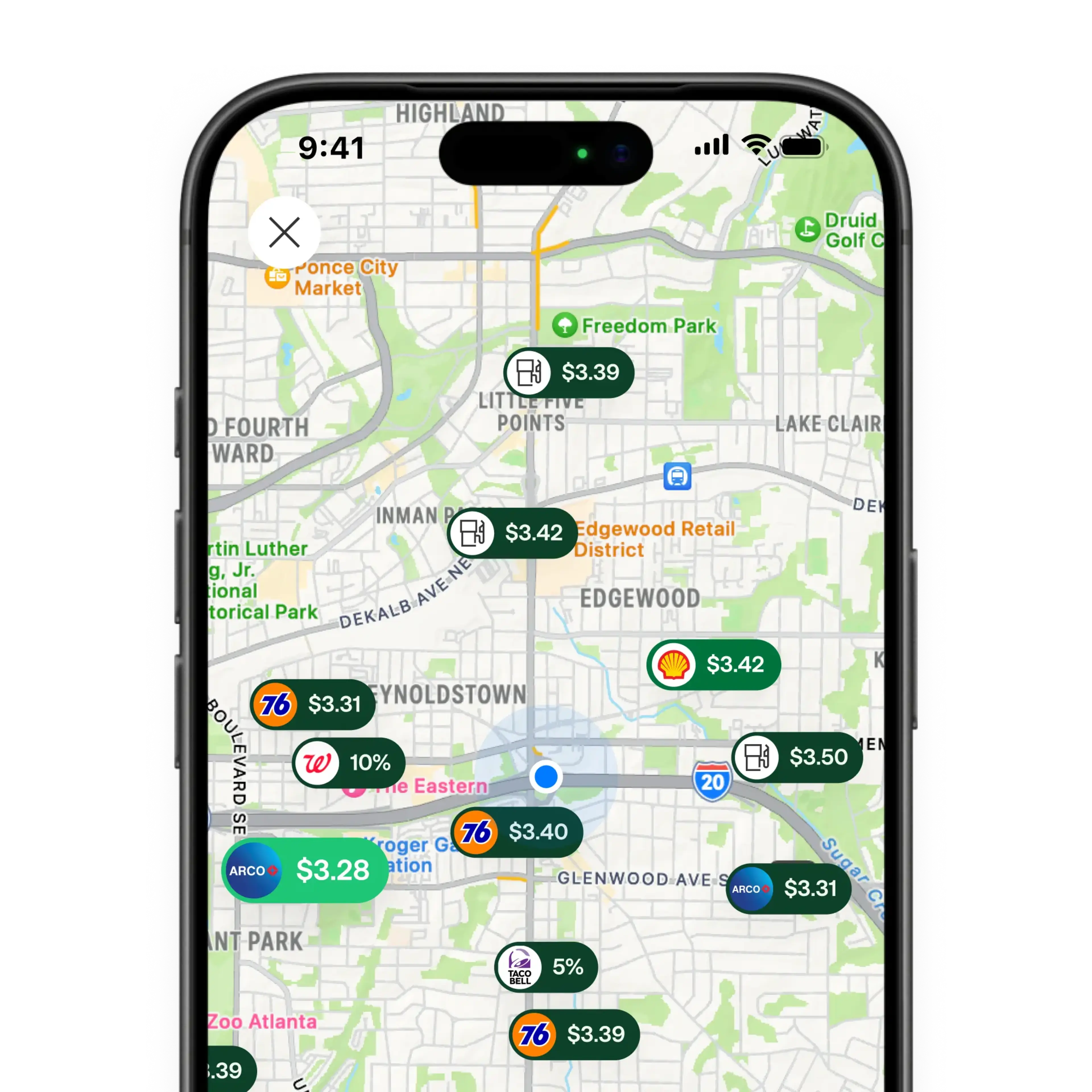 A smartphone displaying a map app showing nearby gas prices and deals from stations like ARCO, Shell, and 76 in Atlanta.