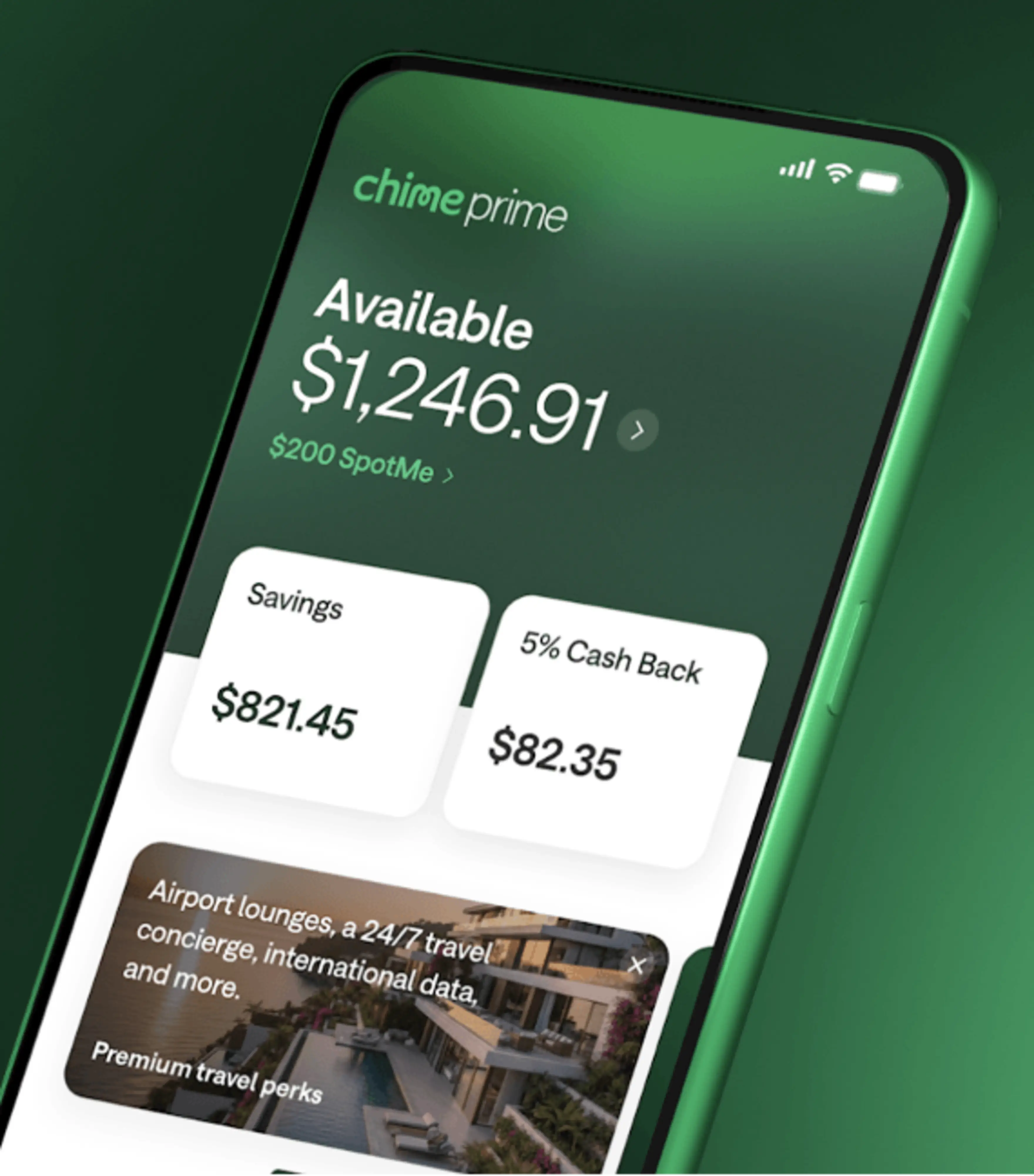 Chime Prime app screen showing available balance of $1,246.91, $200 SpotMe, savings of $821.45, 5% cash back of $82.35, and premium travel perks including airport lounges and 24/7 concierge.