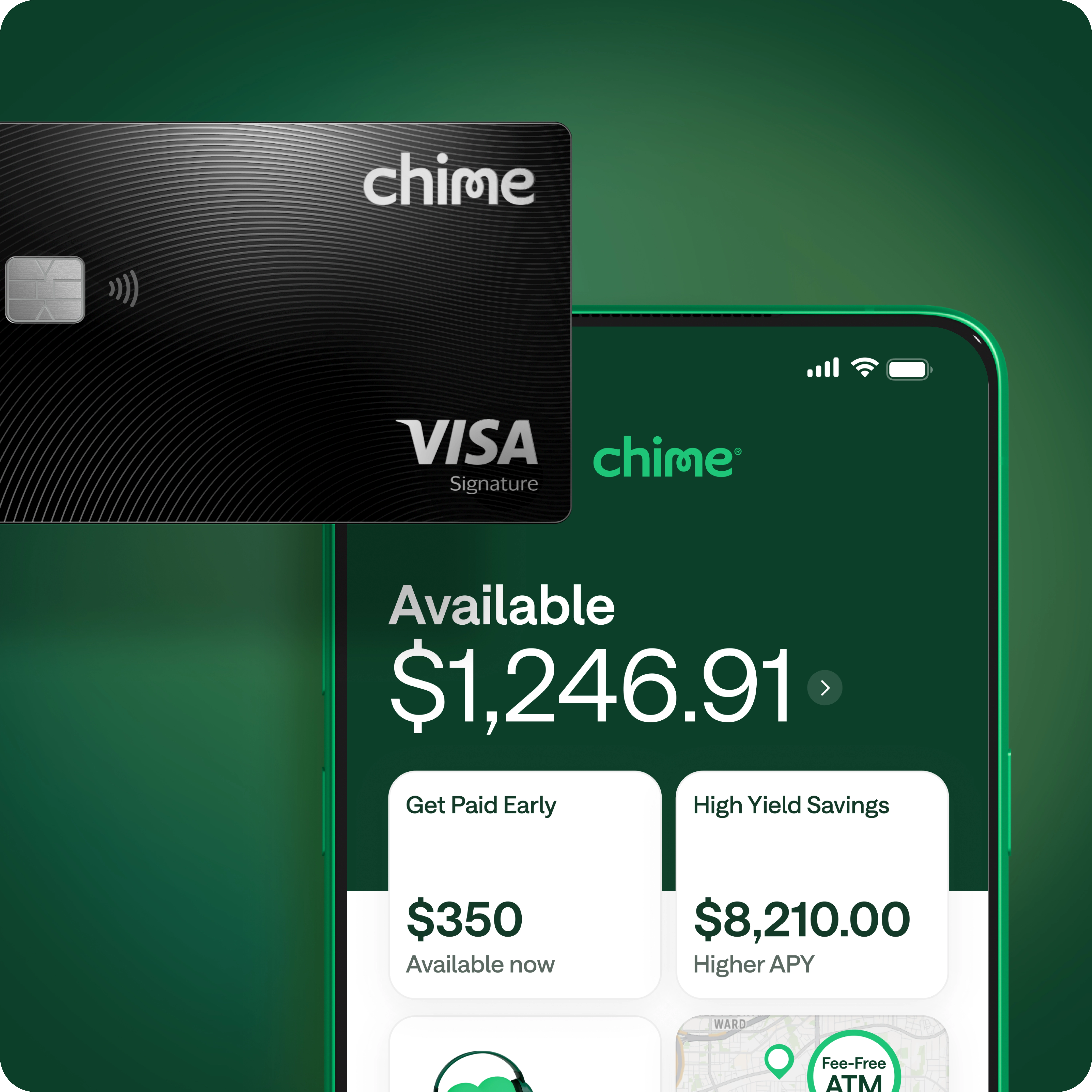 Black Chime Visa card next to mobile app showing $1,246.91 balance, Get Paid Early and High Yield Savings options on green background.
