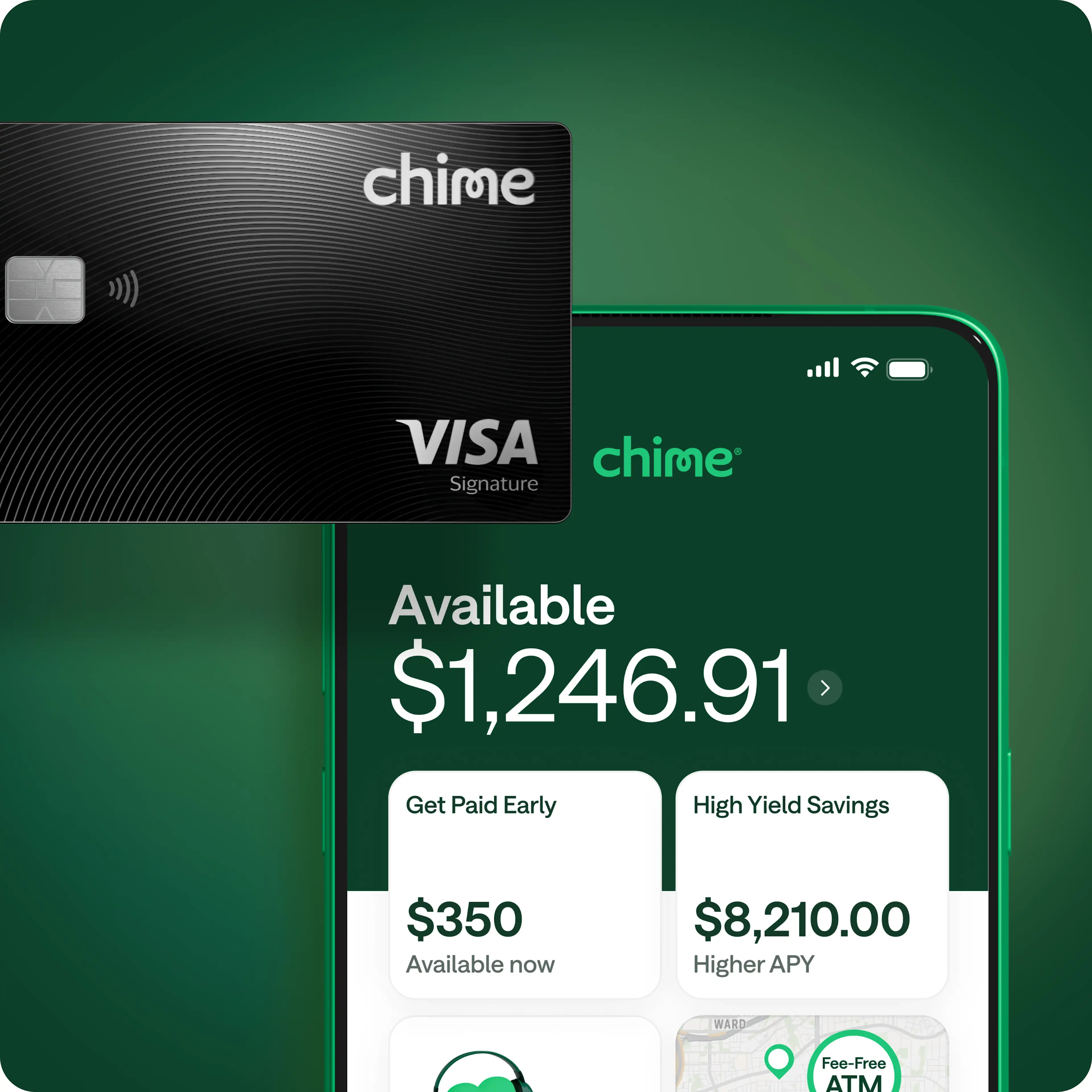 Black Chime Visa card next to mobile app showing $1,246.91 balance, Get Paid Early and High Yield Savings options on green background.
