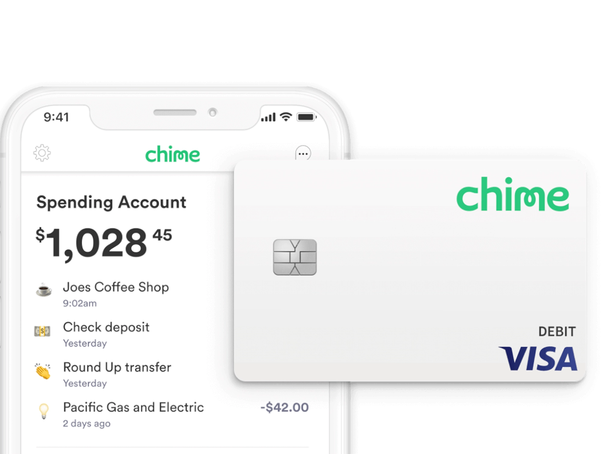 Chime banking app showing spending account, recent transactions, and Visa debit card display.