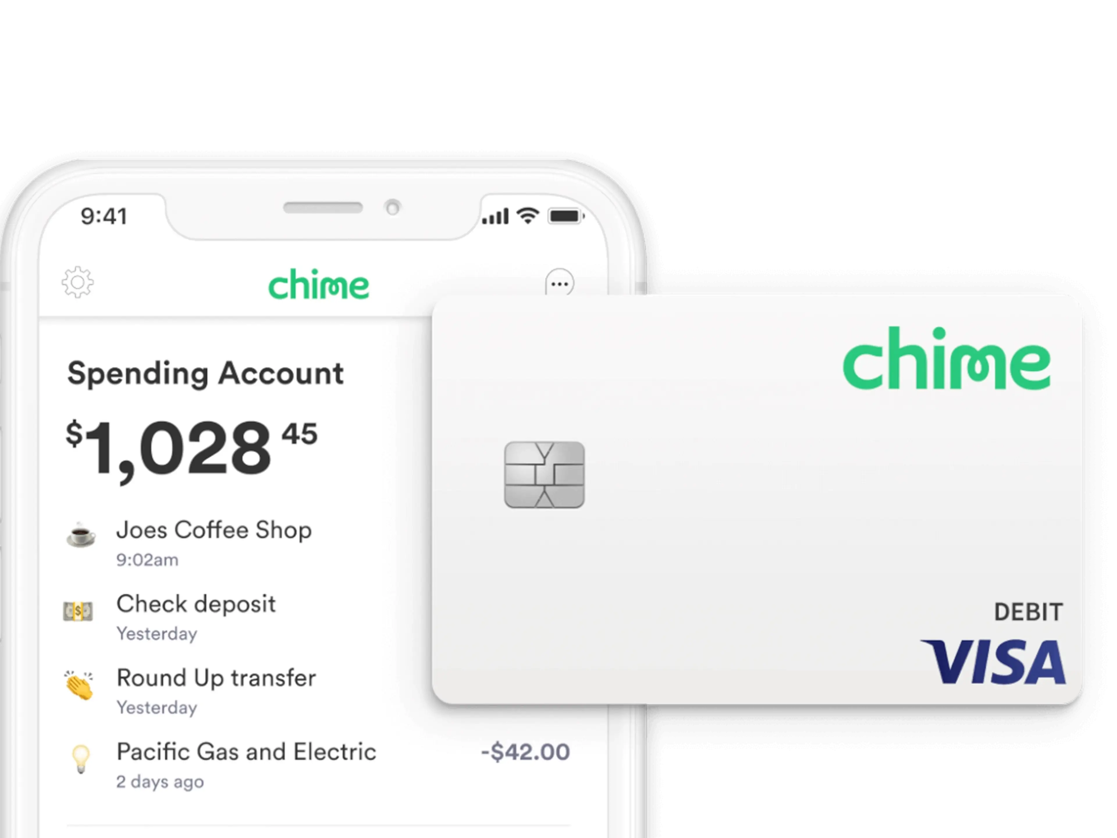Chime banking app showing spending account, recent transactions, and Visa debit card display.
