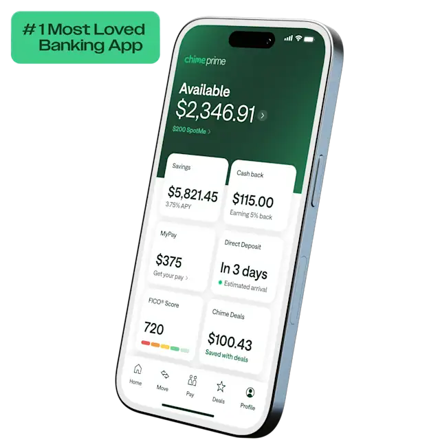 Smartphone displaying Chime Prime banking app dashboard showing account balance, savings, cash back, and FICO score features.