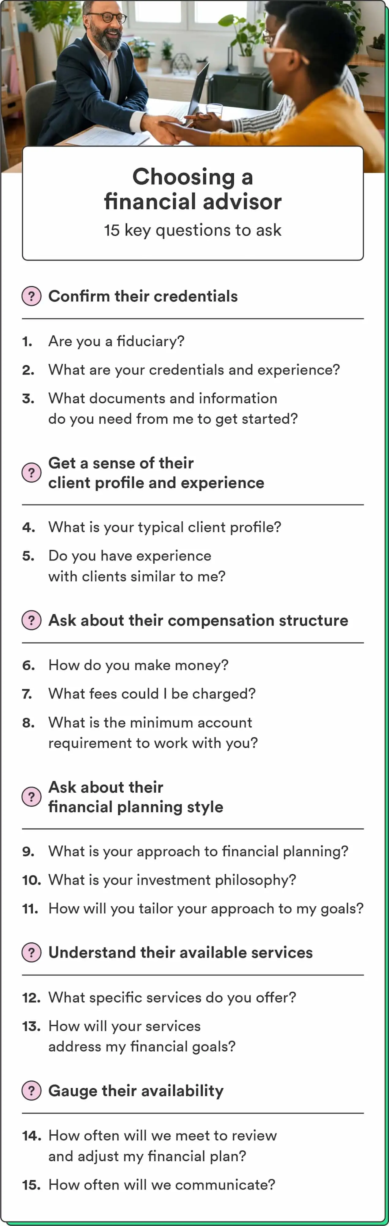 A photo of a couple and a financial advisor shaking hands is followed by 15 questions to ask a financial advisor before hiring them.
