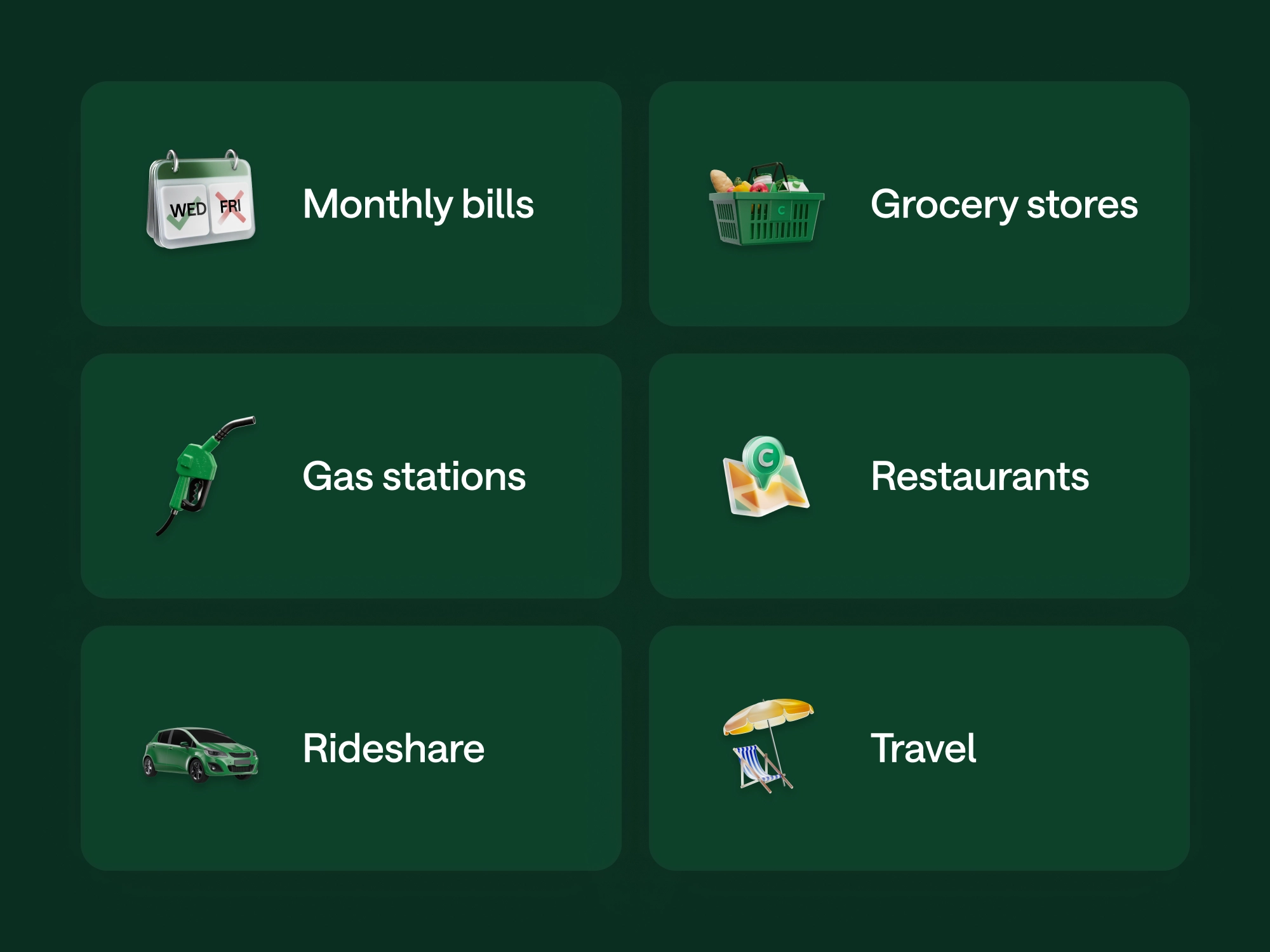 Six green category tiles: Monthly bills, Grocery stores, Gas stations, Restaurants, Rideshare, and Travel, each with a matching icon.