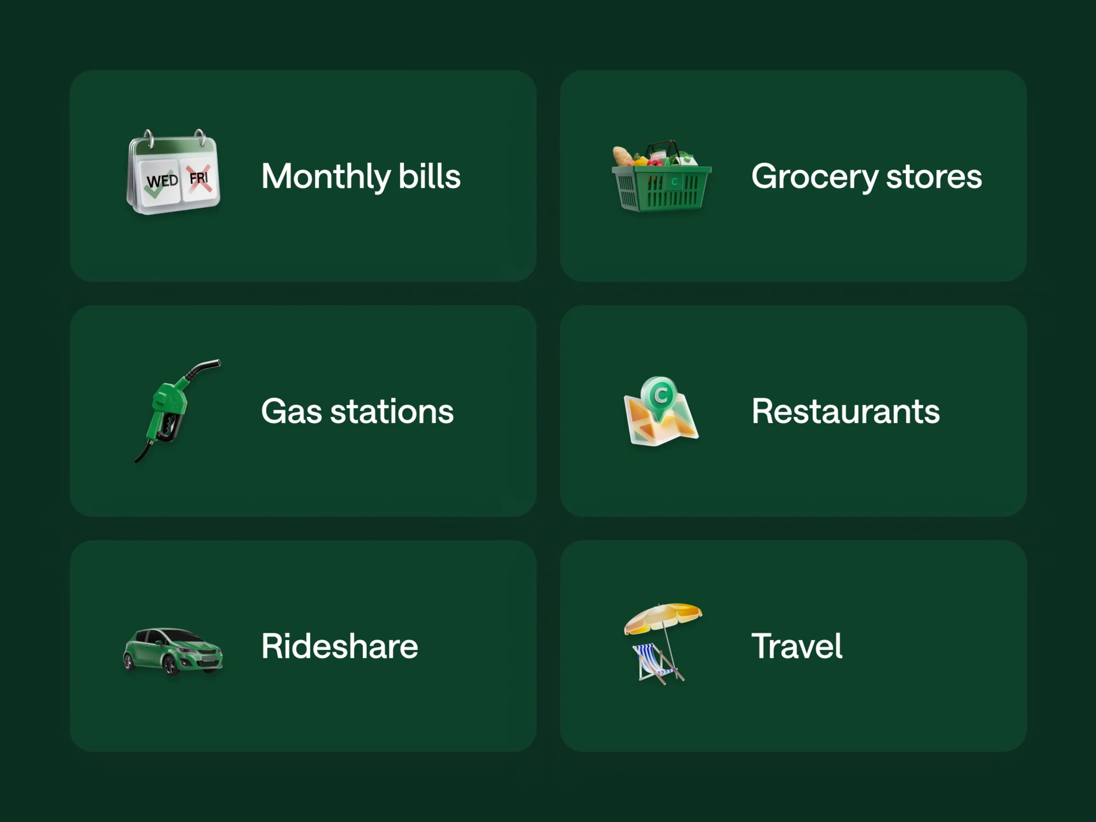 Six green category tiles: Monthly bills, Grocery stores, Gas stations, Restaurants, Rideshare, and Travel, each with a matching icon.