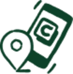 Dark green icon showing a hand holding a phone with a shield symbol, alongside a location pin marker.