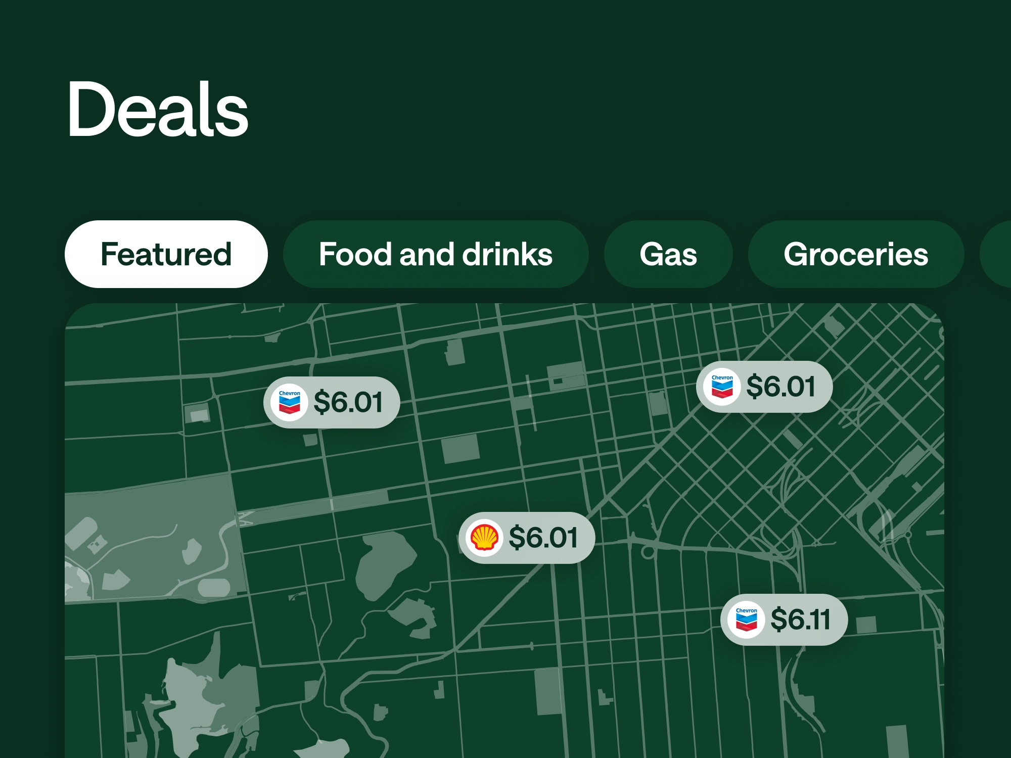 A Deals screen showing a green map comparing gas station prices, with category filter tabs.