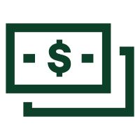 Dark green icon of two overlapping rectangular bills with a dollar sign in the center.