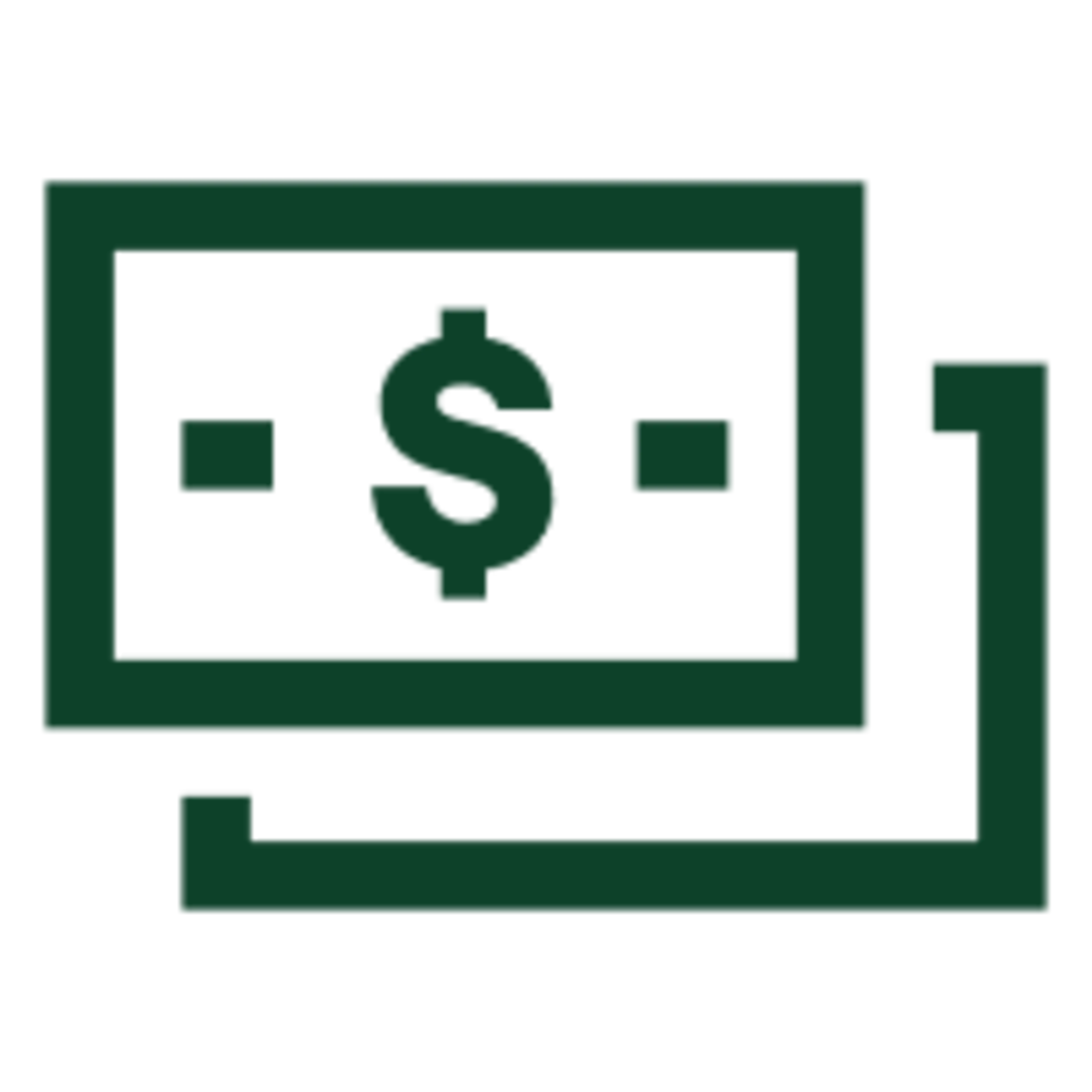 Dark green icon of two overlapping rectangular bills with a dollar sign in the center.