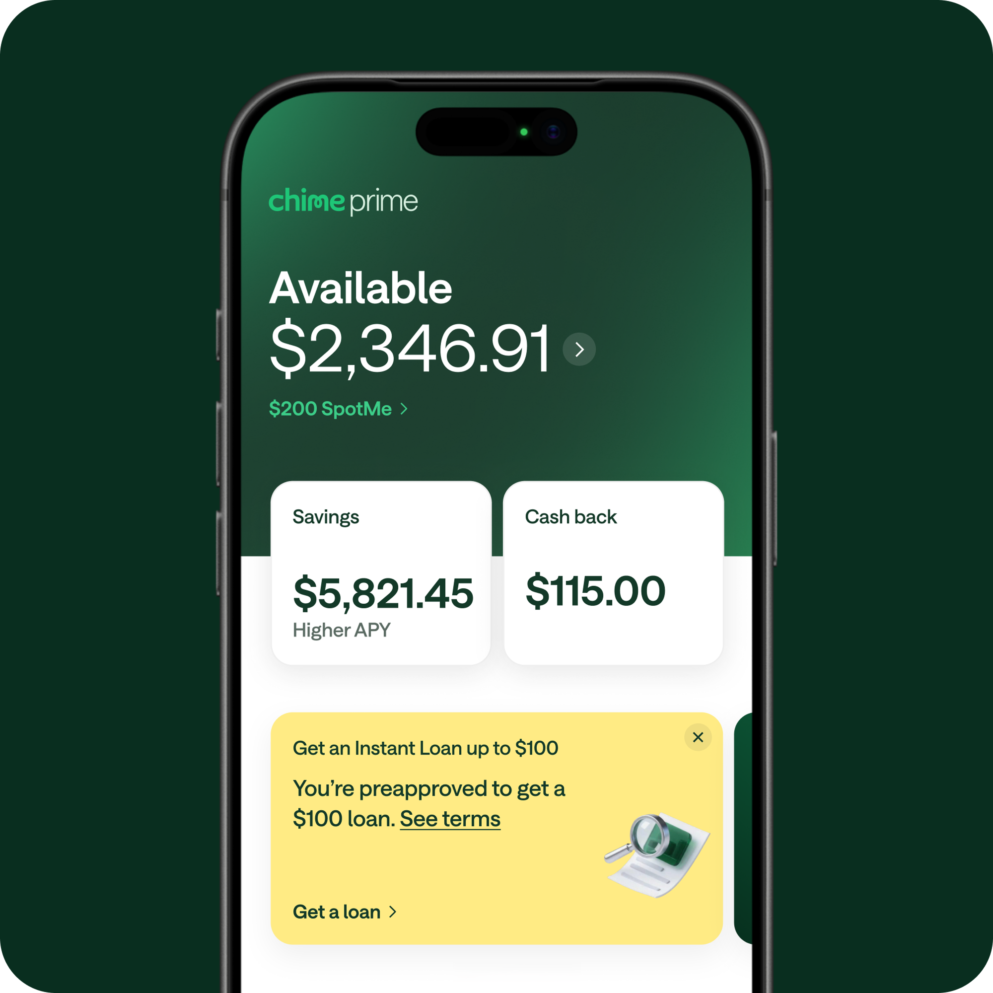 Chime Prime app on a smartphone showing available balance of $2,346.91, savings, cash back, and an instant loan offer.