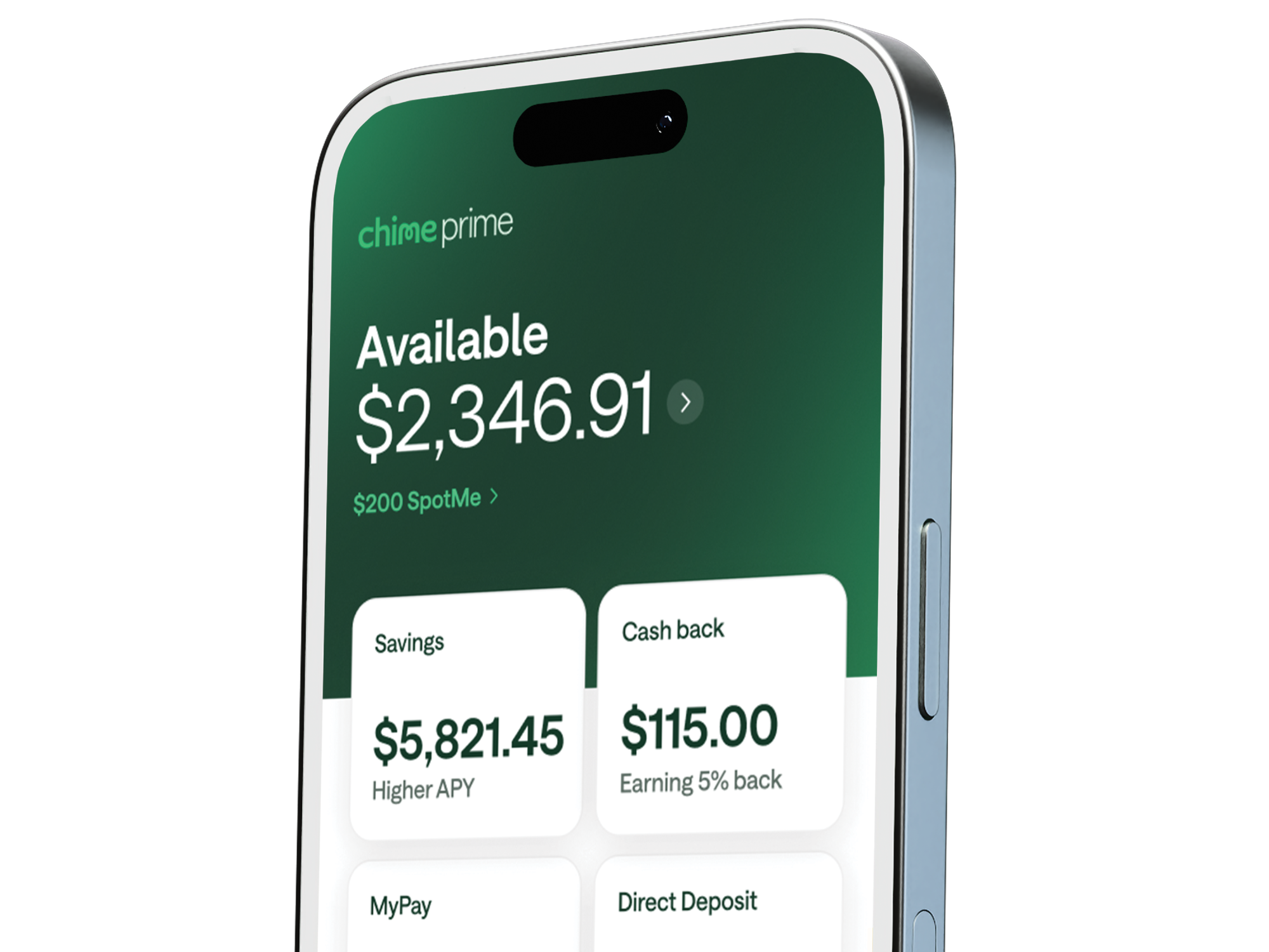 Smartphone displaying Chime Prime app with $1,246.91 available balance, $200 SpotMe, high yield savings, and cash back details.