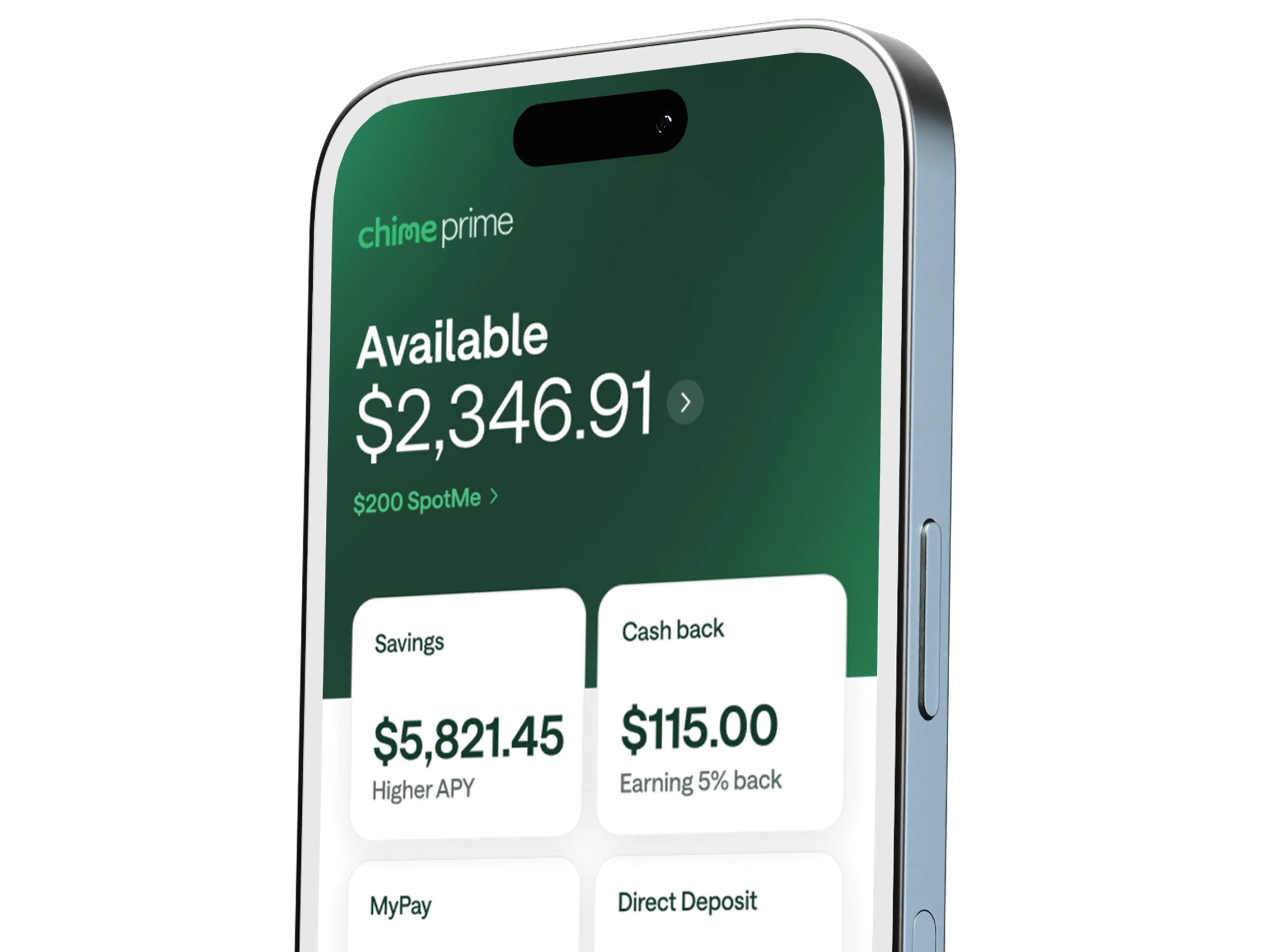 Smartphone displaying Chime Prime app with $1,246.91 available balance, $200 SpotMe, high yield savings, and cash back details.