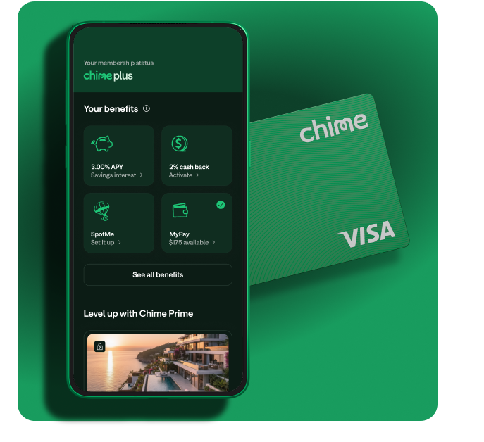 A phone with a Chime Plus screen with a Chime card.