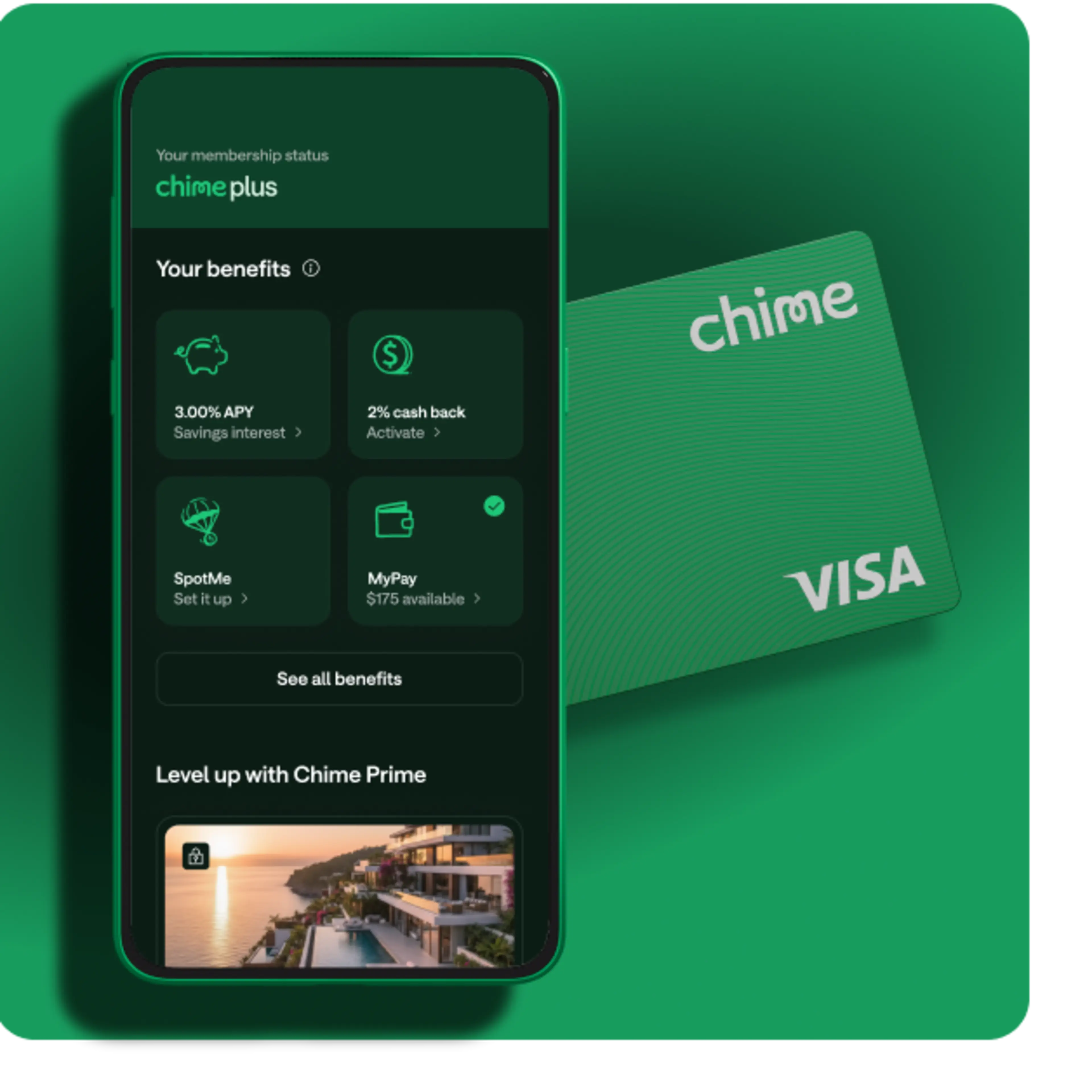 A phone with a Chime Plus screen with a Chime card.