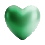 A shiny, smooth green heart-shaped object with a metallic finish, set against a white background.