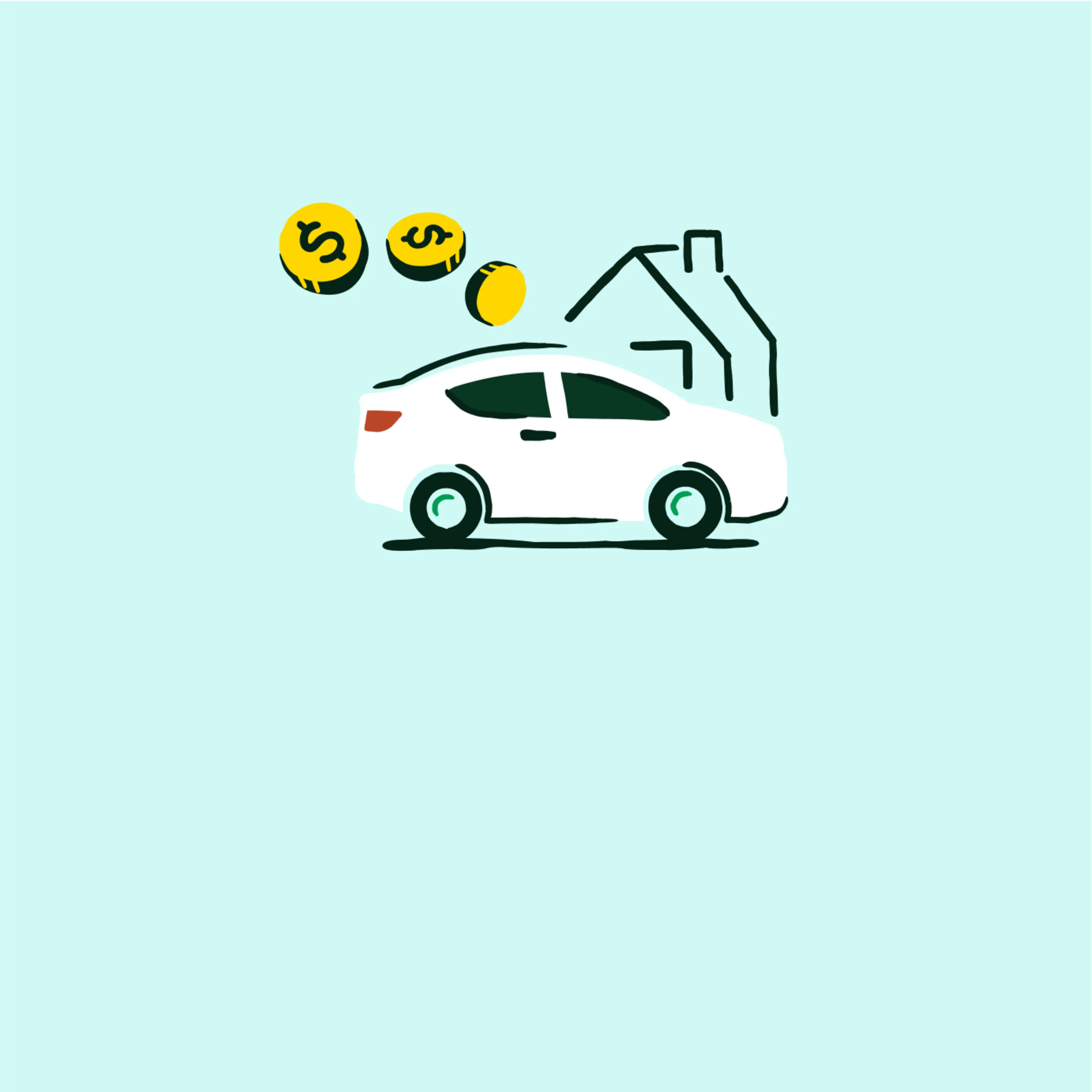 Illustration of a car, house and dollar coins.