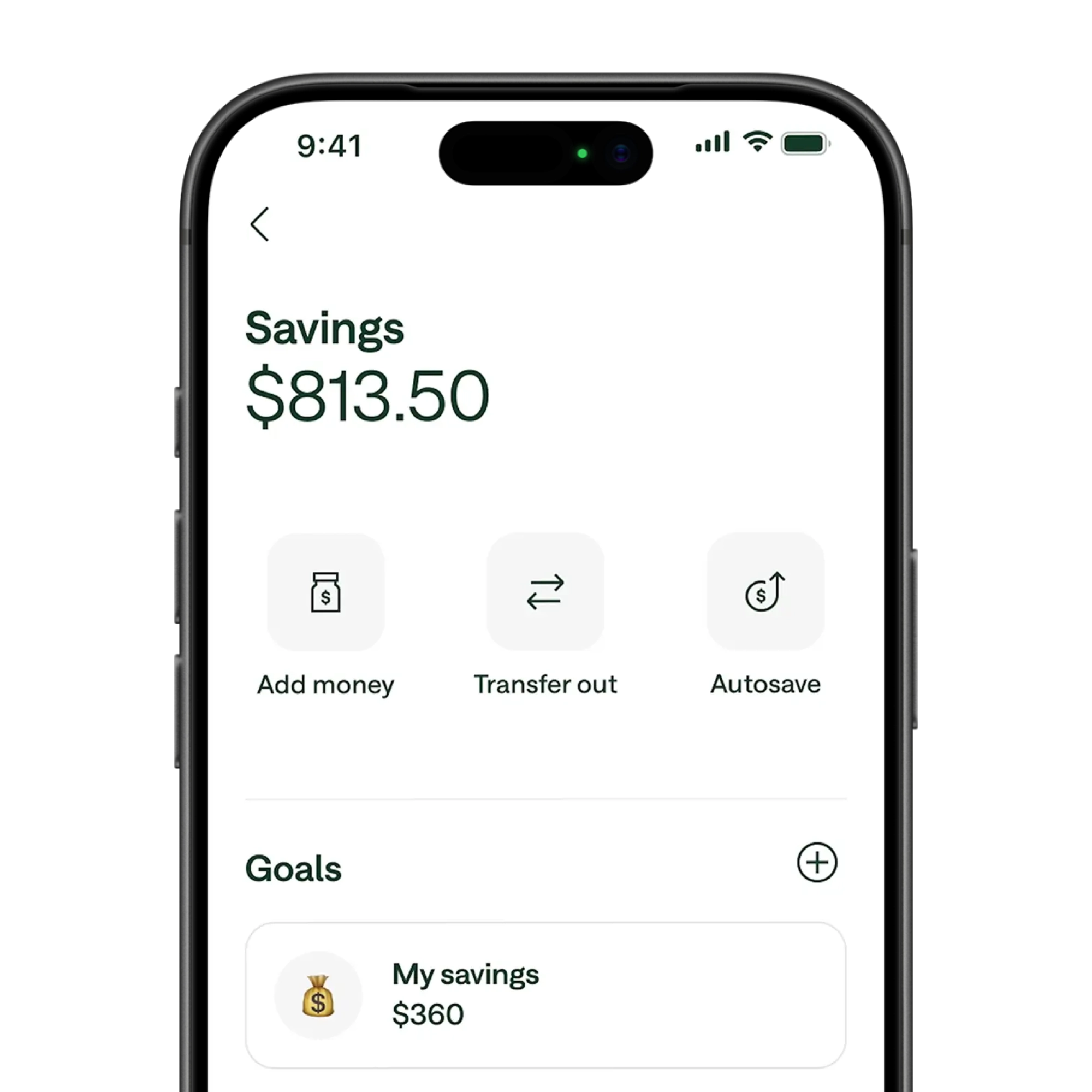 Mobile banking app showing savings account with $813.50 balance, options to add money, transfer, autosave, and a savings goal of $360.