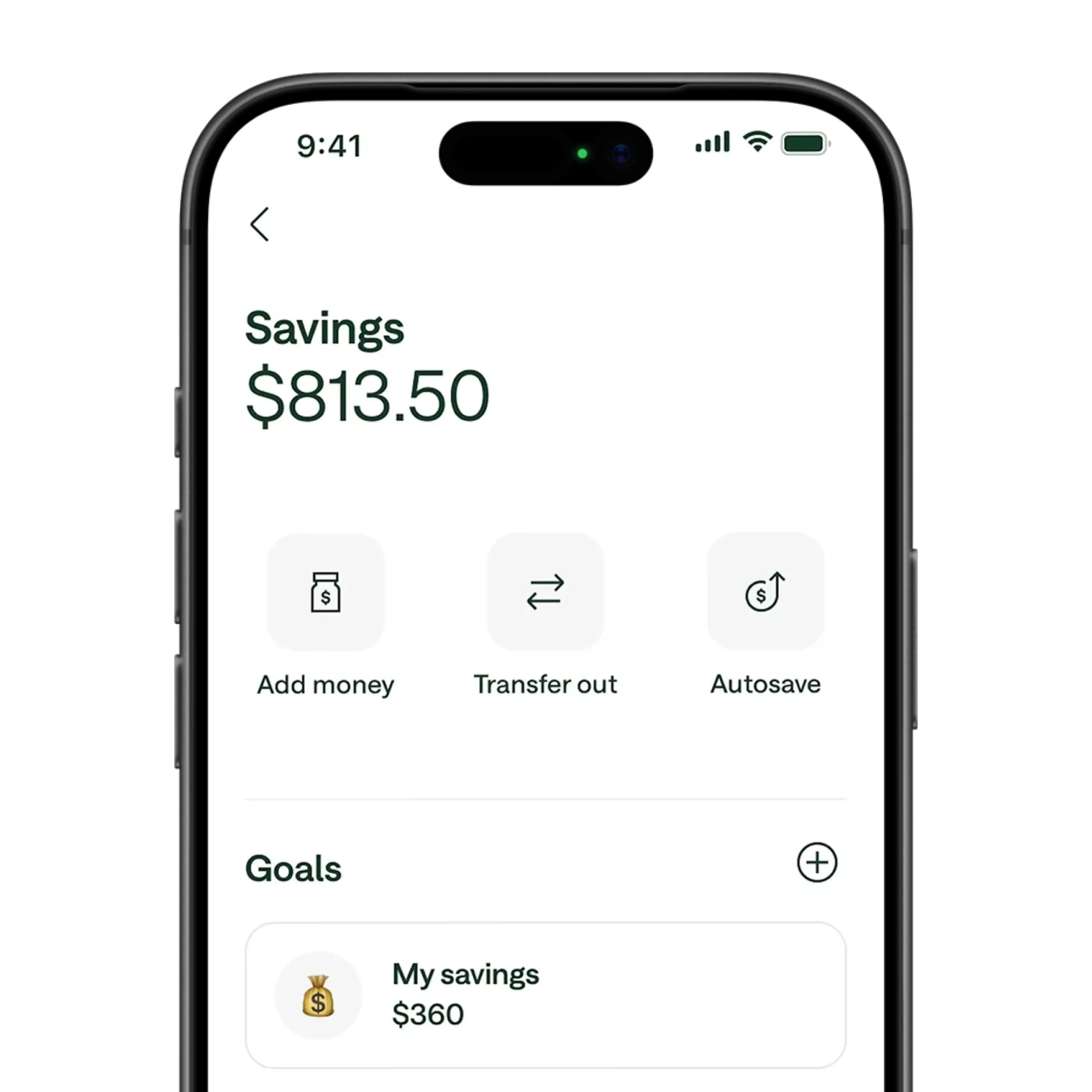 Mobile banking app showing savings account with $813.50 balance, options to add money, transfer, autosave, and a savings goal of $360.