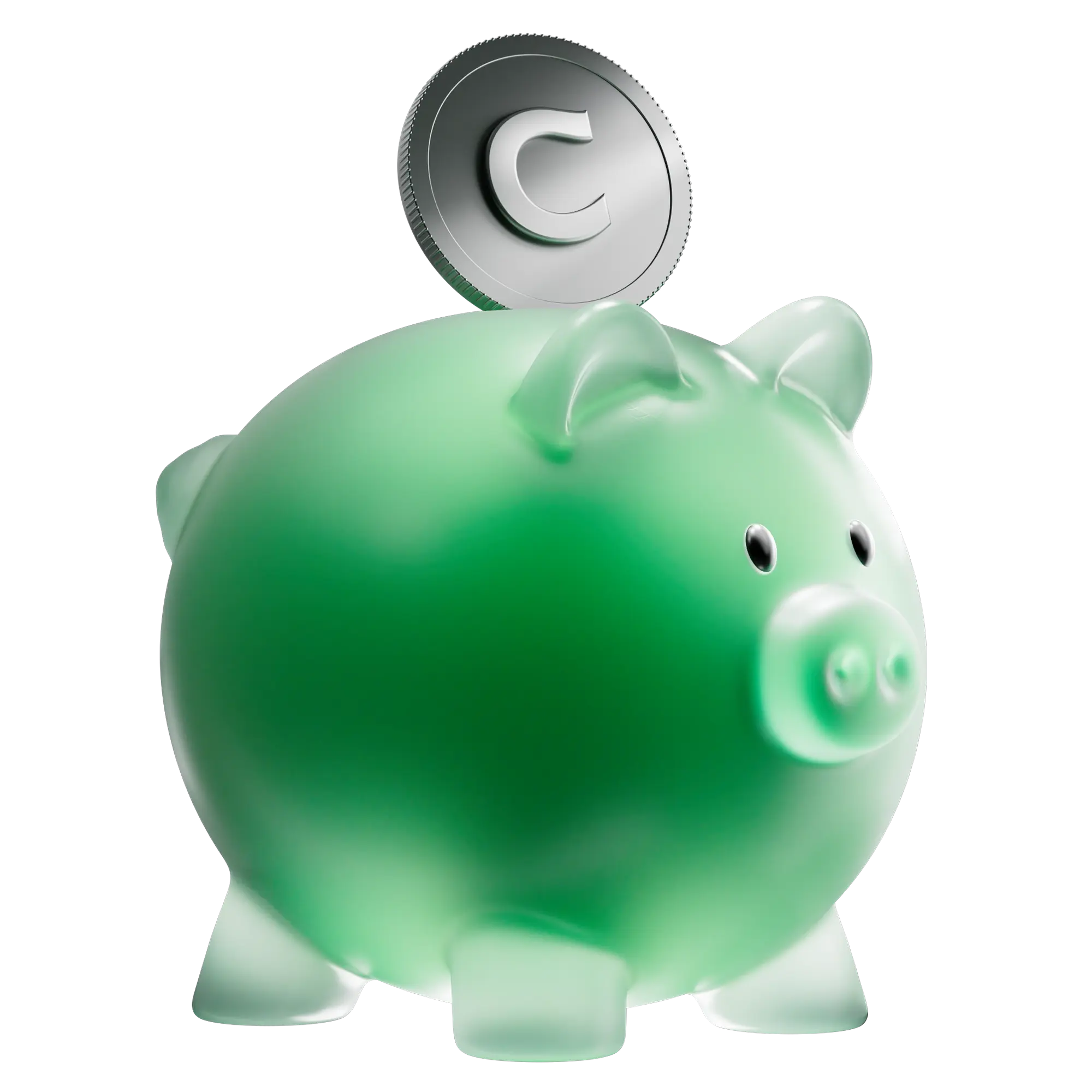 A green piggy bank with a coin. 