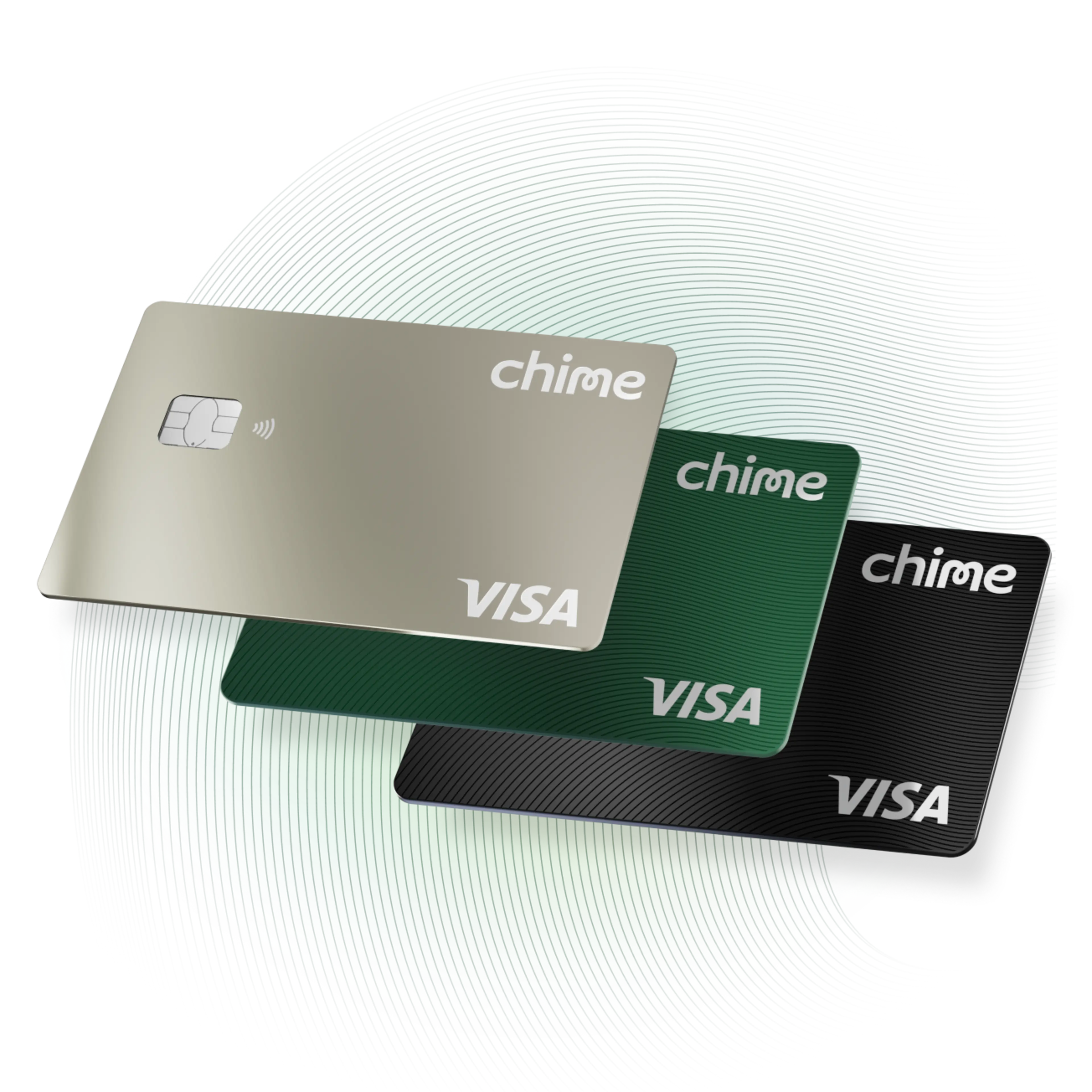 Chime Card in black, evergreen, and titanium colors.