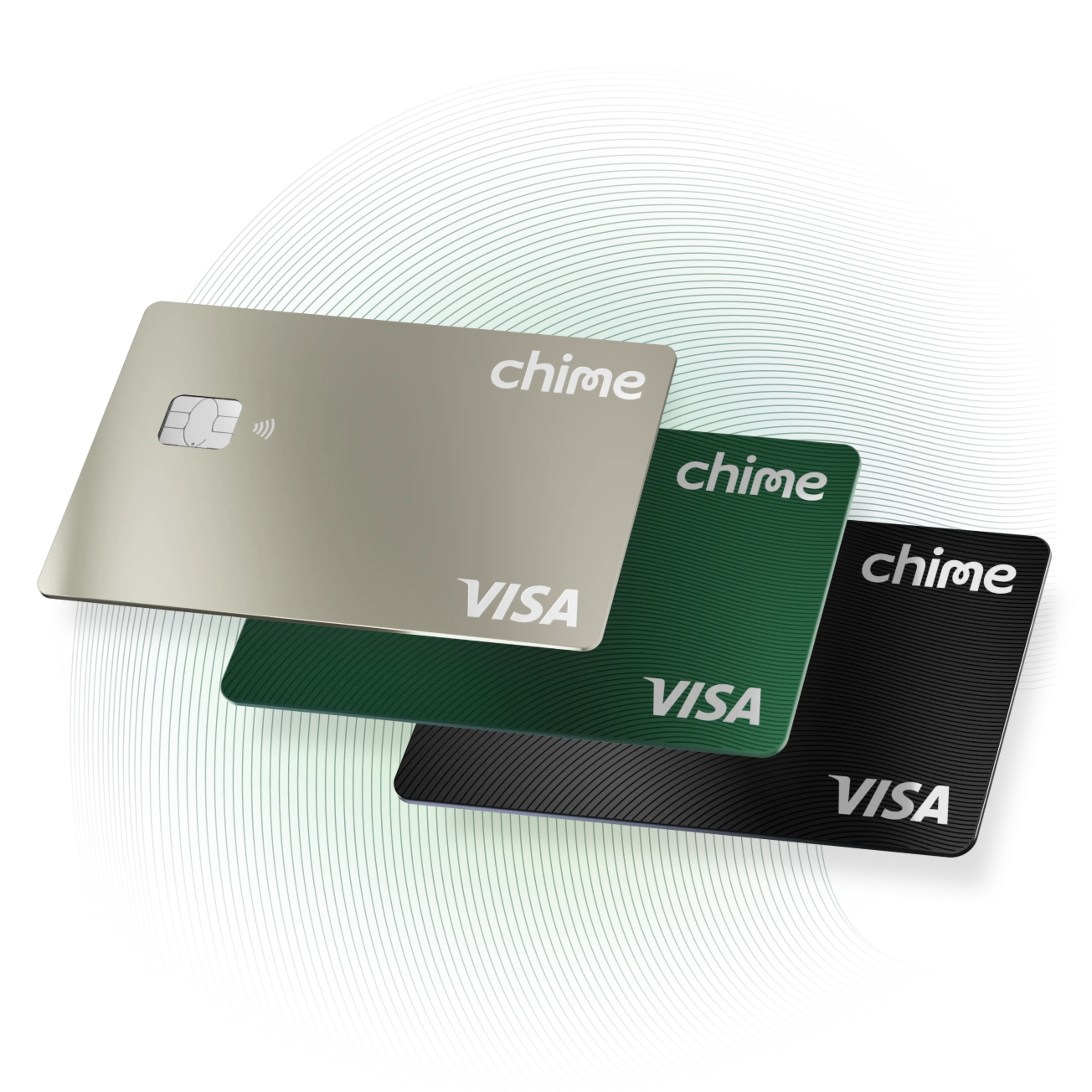 Chime Card in black, evergreen, and titanium colors.