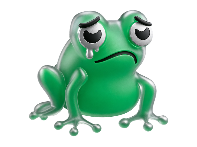 A sad green cartoon frog with droopy eyes, a frown, and a tear falling from one eye, rendered in a glossy 3D style.