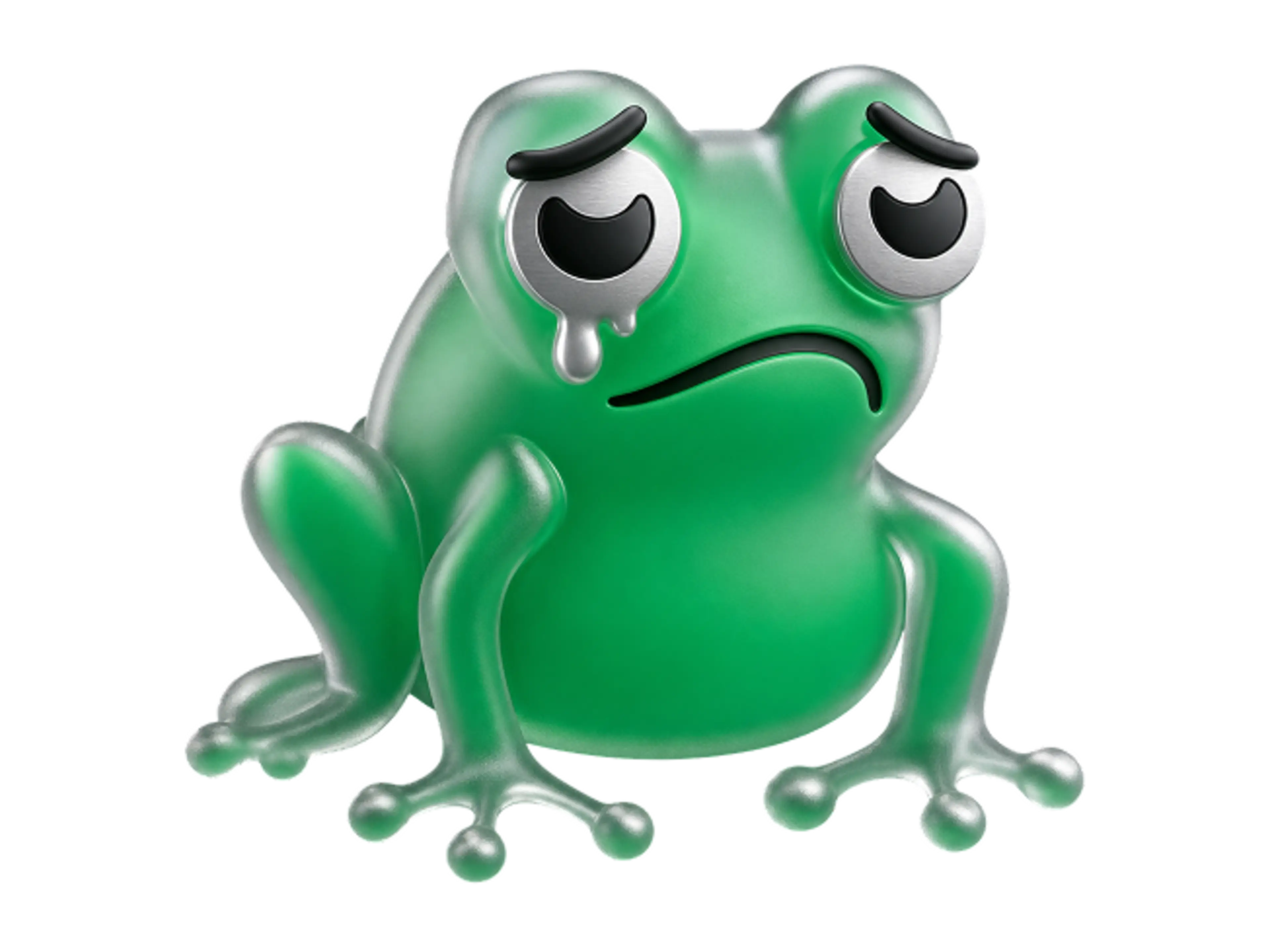A sad green cartoon frog with droopy eyes, a frown, and a tear falling from one eye, rendered in a glossy 3D style.