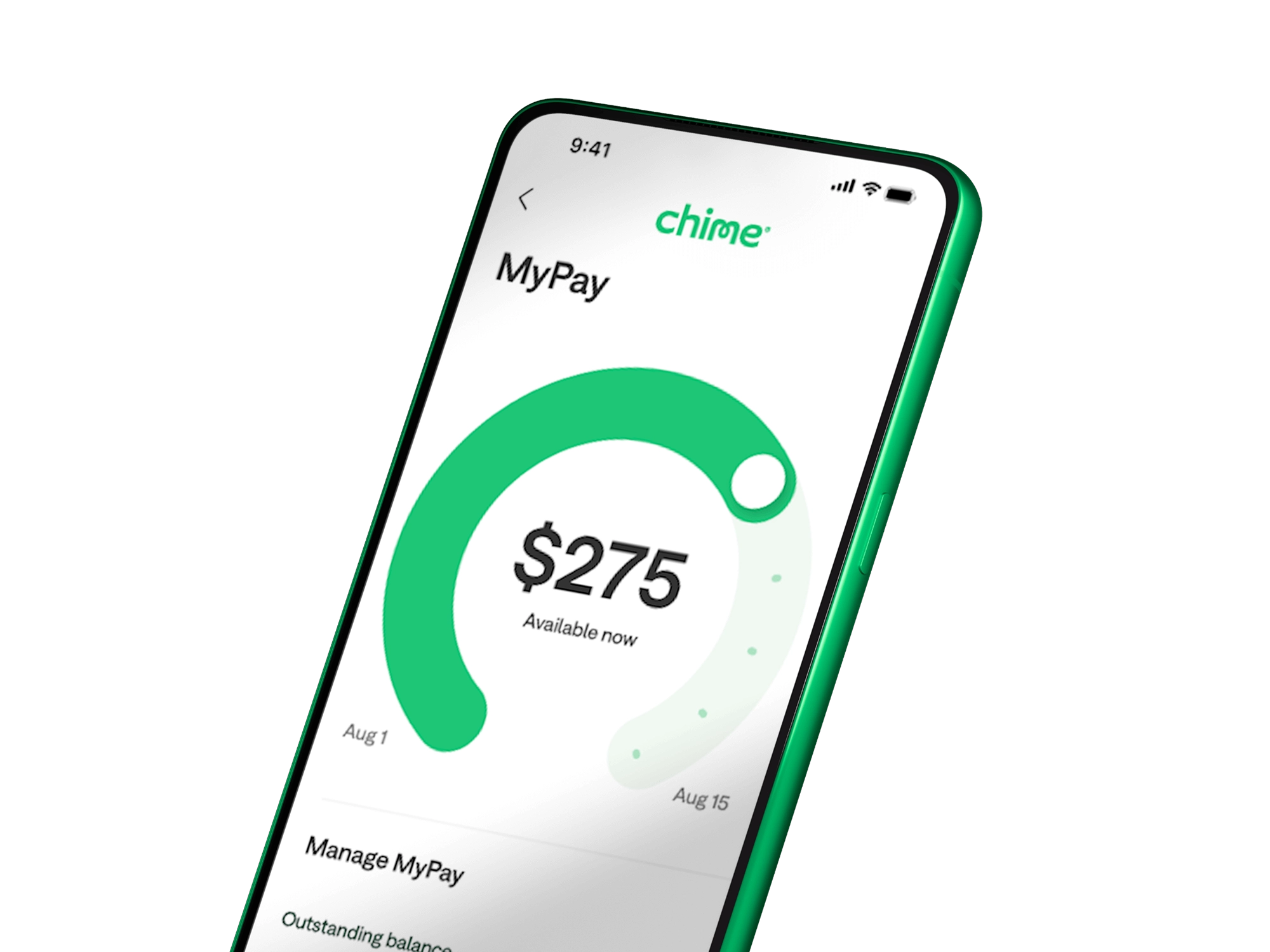Smartphone displaying Chime banking app with MyPay screen showing $275 available now and a circular progress indicator.