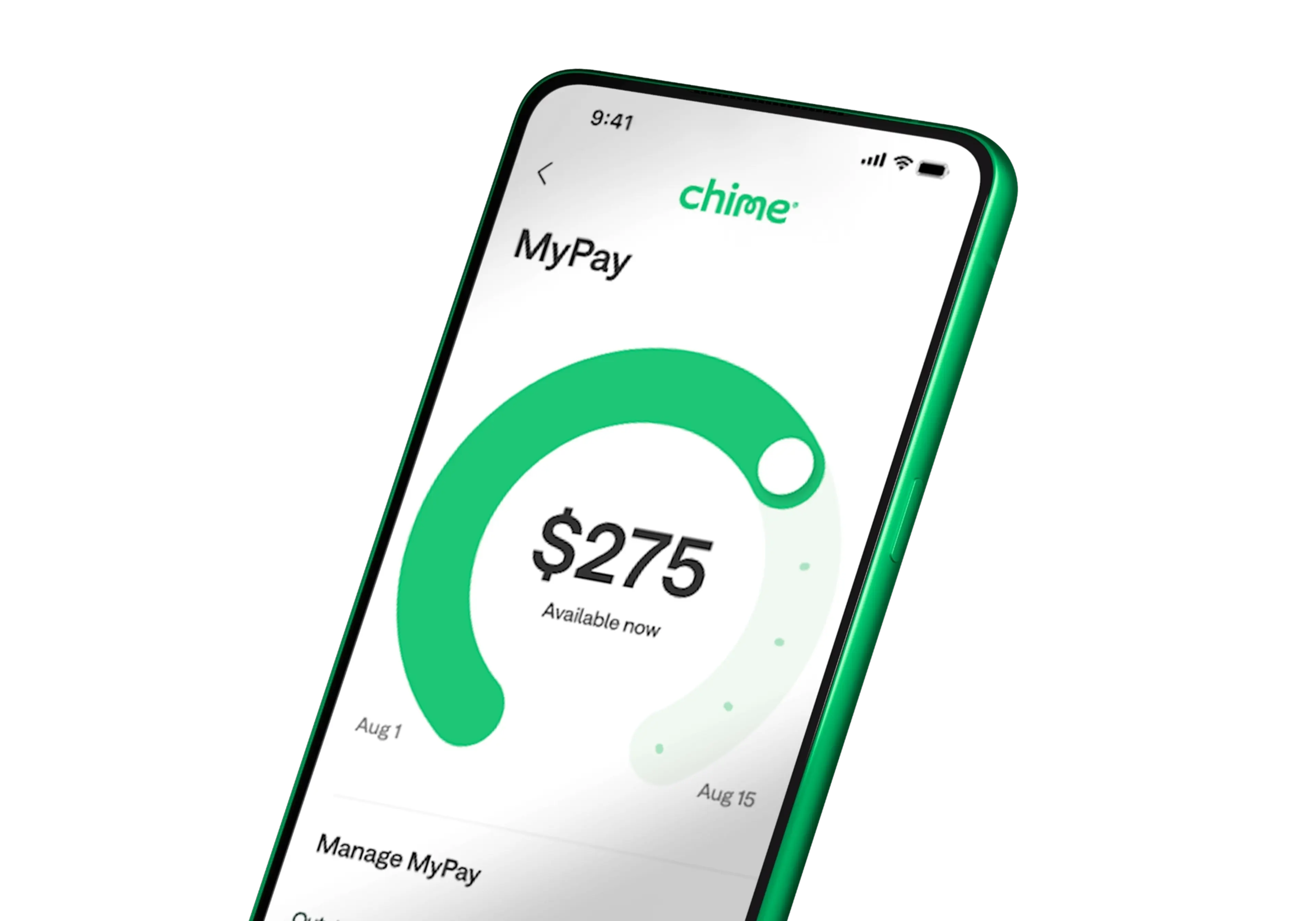 Smartphone displaying Chime banking app with MyPay screen showing $275 available now and a circular progress indicator.