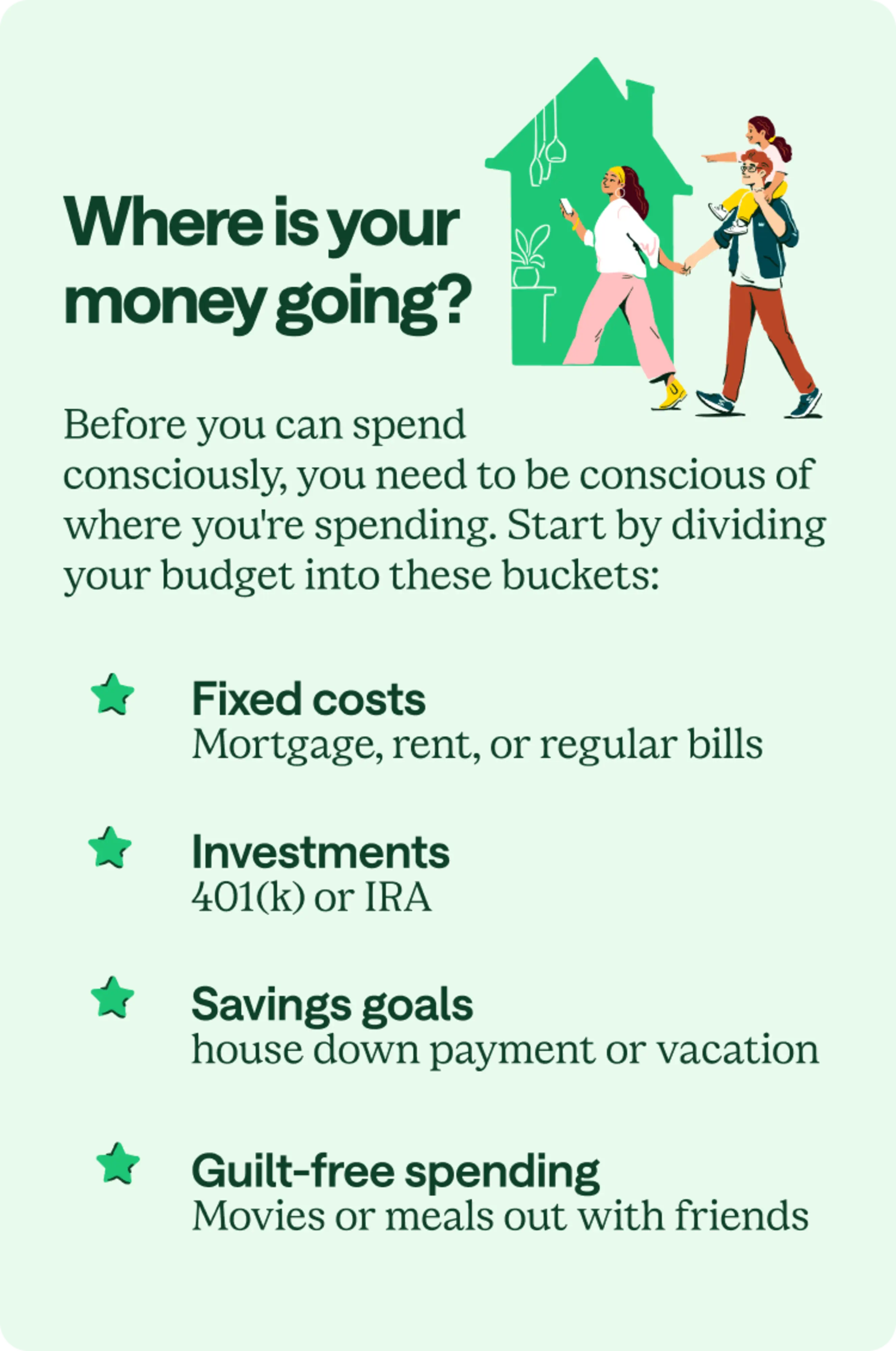 Where is your money going? Before you can spend consciously, you need to be conscious of where you're spending. Start by dividing your budget into these buckets: Fixed costs. Mortgage, rent, or regular bills. Investments: 401(k) or IRA. Savings goals: house down payment or vacation. Guilt-free spending: Movies or meals out with friends.