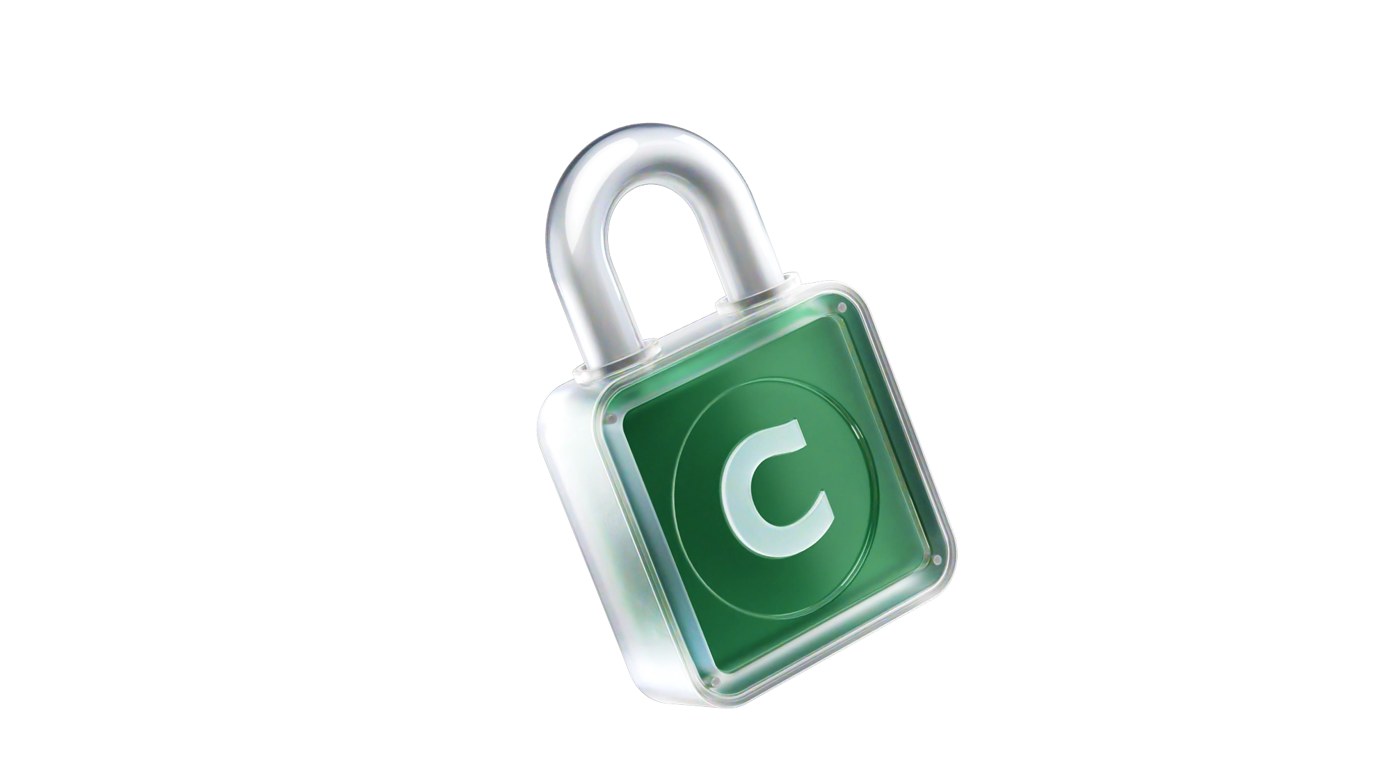 A 3D padlock with a silver shackle and a green body featuring a white letter C logo, symbolizing security.