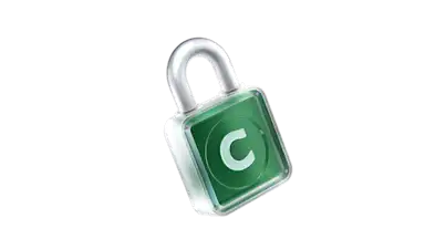 A 3D padlock with a silver shackle and a green body featuring a white letter C logo, symbolizing security.