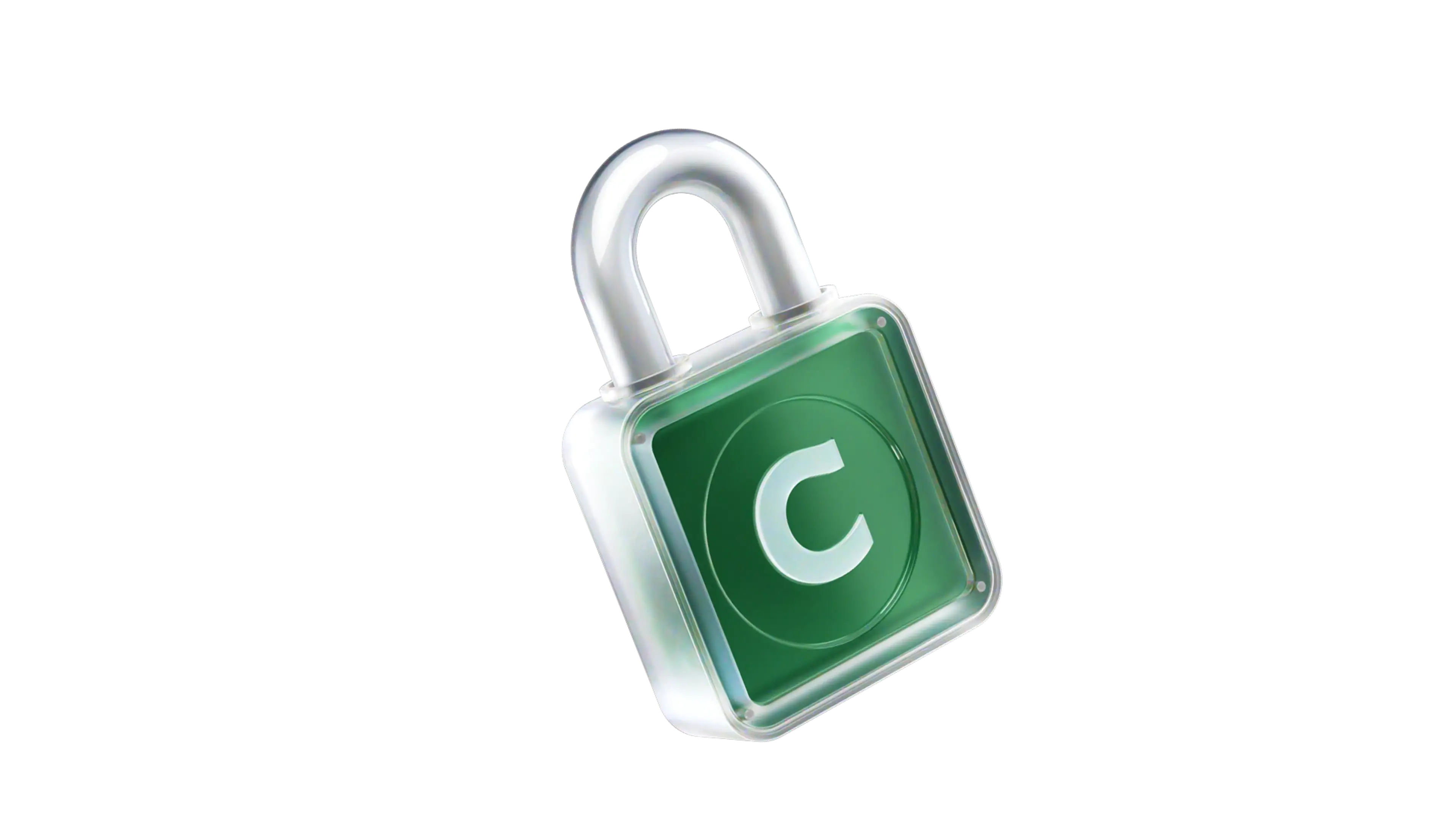 A 3D padlock with a silver shackle and a green body featuring a white letter C logo, symbolizing security.
