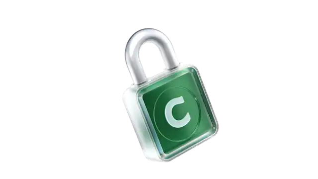 A 3D padlock with a silver shackle and a green body featuring a white letter C logo, symbolizing security.