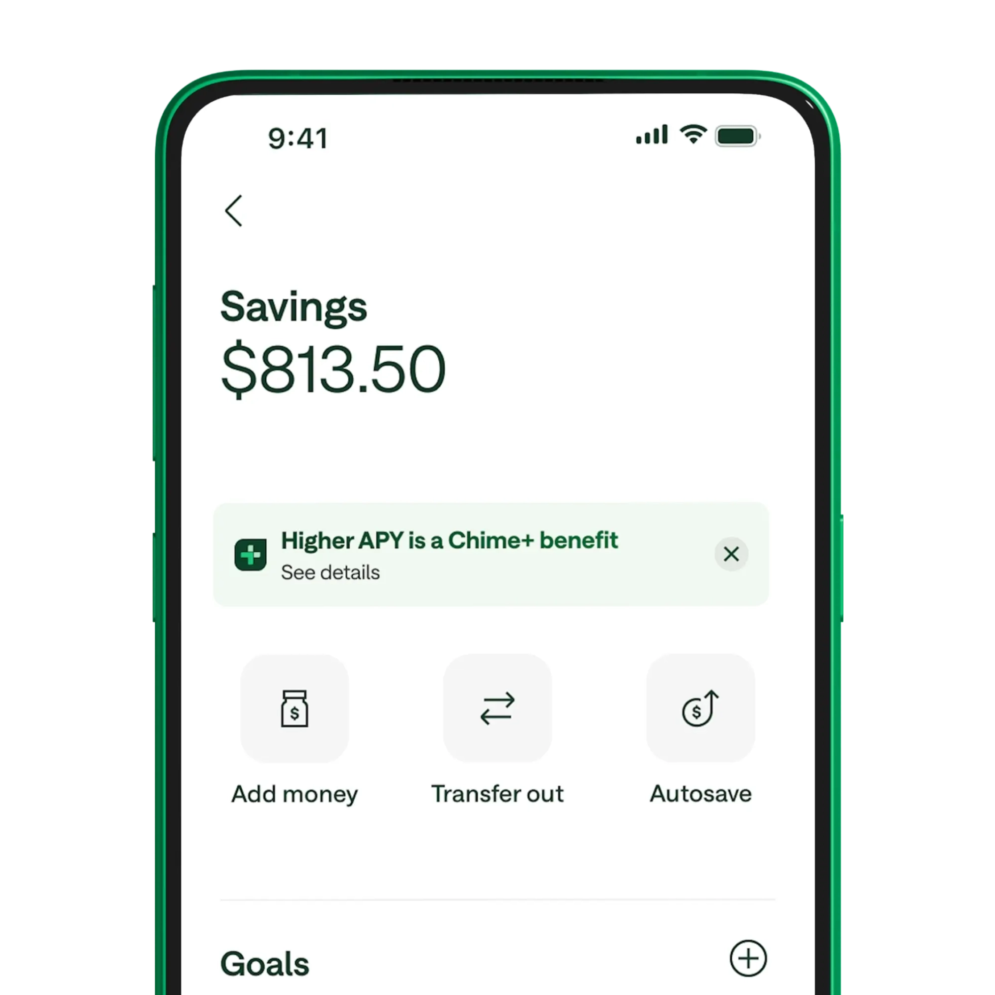 Mobile banking app showing savings account with $813.50 balance, Chime+ benefit notification, and money management options.