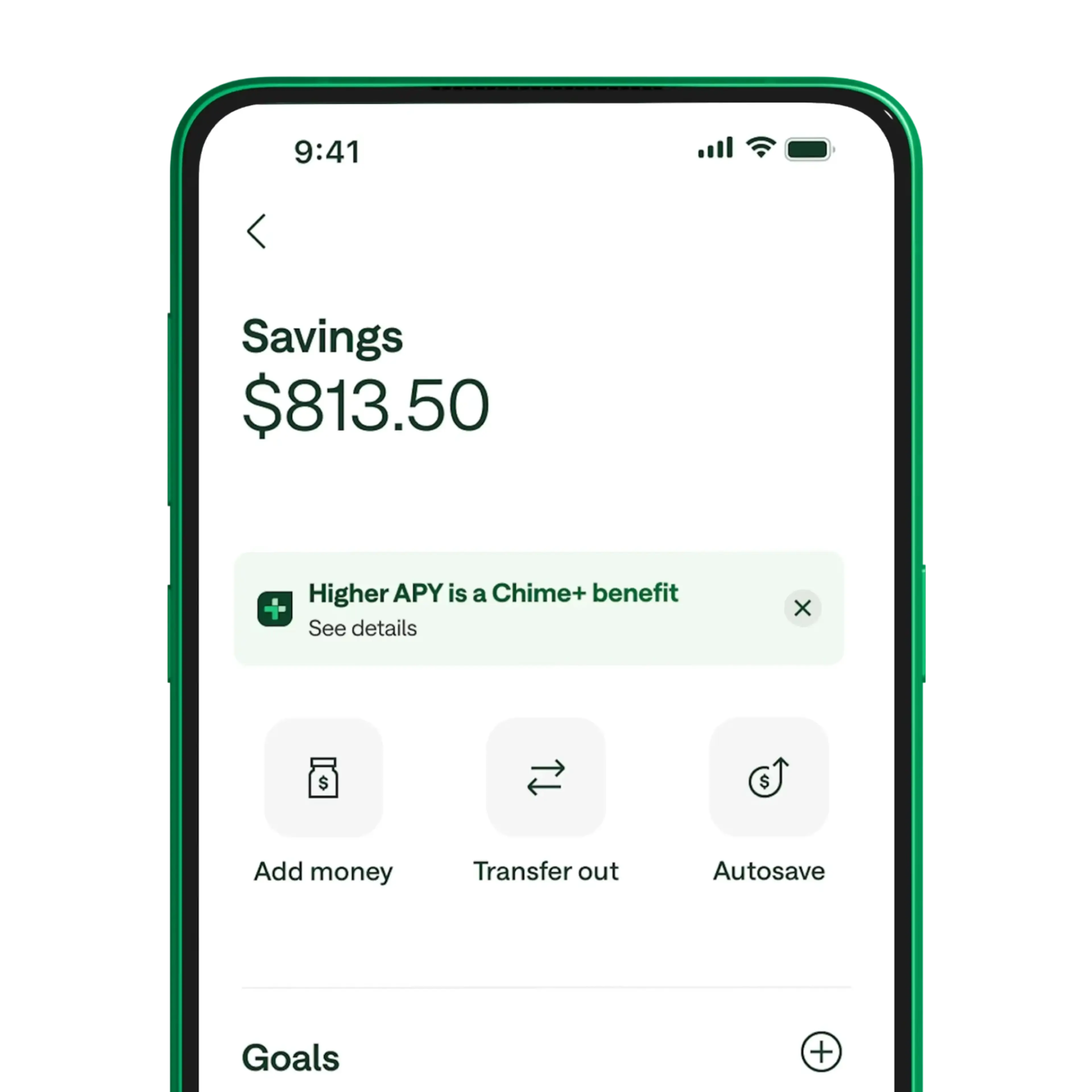 Mobile banking app showing savings account with $813.50 balance, Chime+ benefit notification, and money management options.