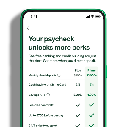 Green smartphone displaying Chime app screen comparing Plus and Prime direct deposit perks including cash back and savings APY.