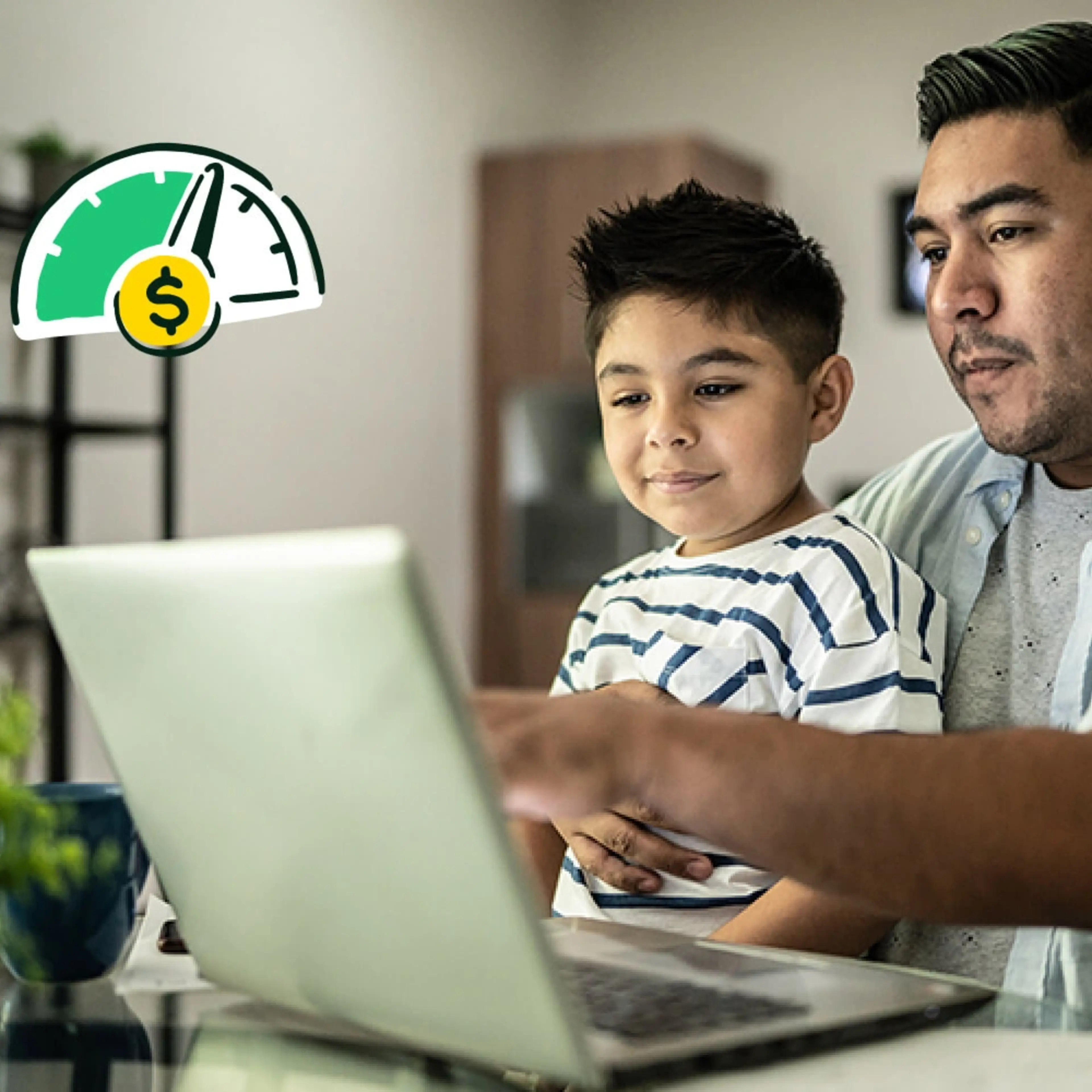 Adult and child looking at a laptop together, with a credit score gauge icon in the background.