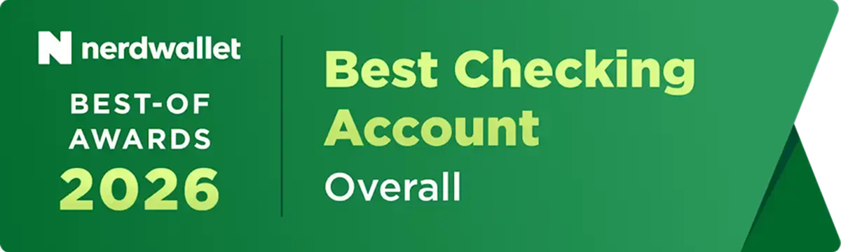 NerdWallet Best-Of Awards 2026 badge for Best Checking Account Overall on a green banner background.