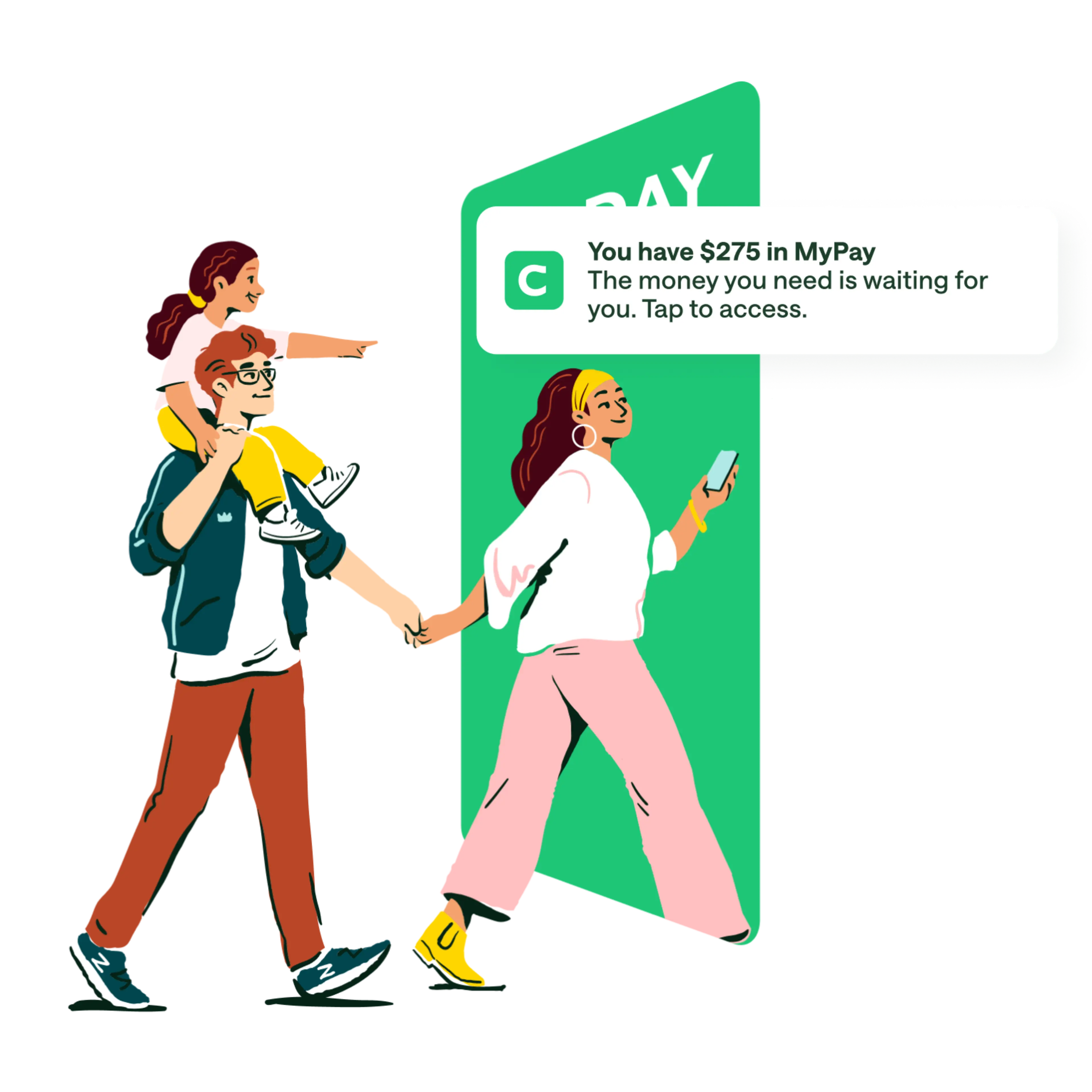 mypay get paid when you say media copy image, cartoon women holding phone and walking into green MyPay door with one hand holding man . Man has little girl on his shoulder pointing. Notification overlay / push notification on top, You have $275 in MyPay, The Money you need is waiting for you. Tap to access.