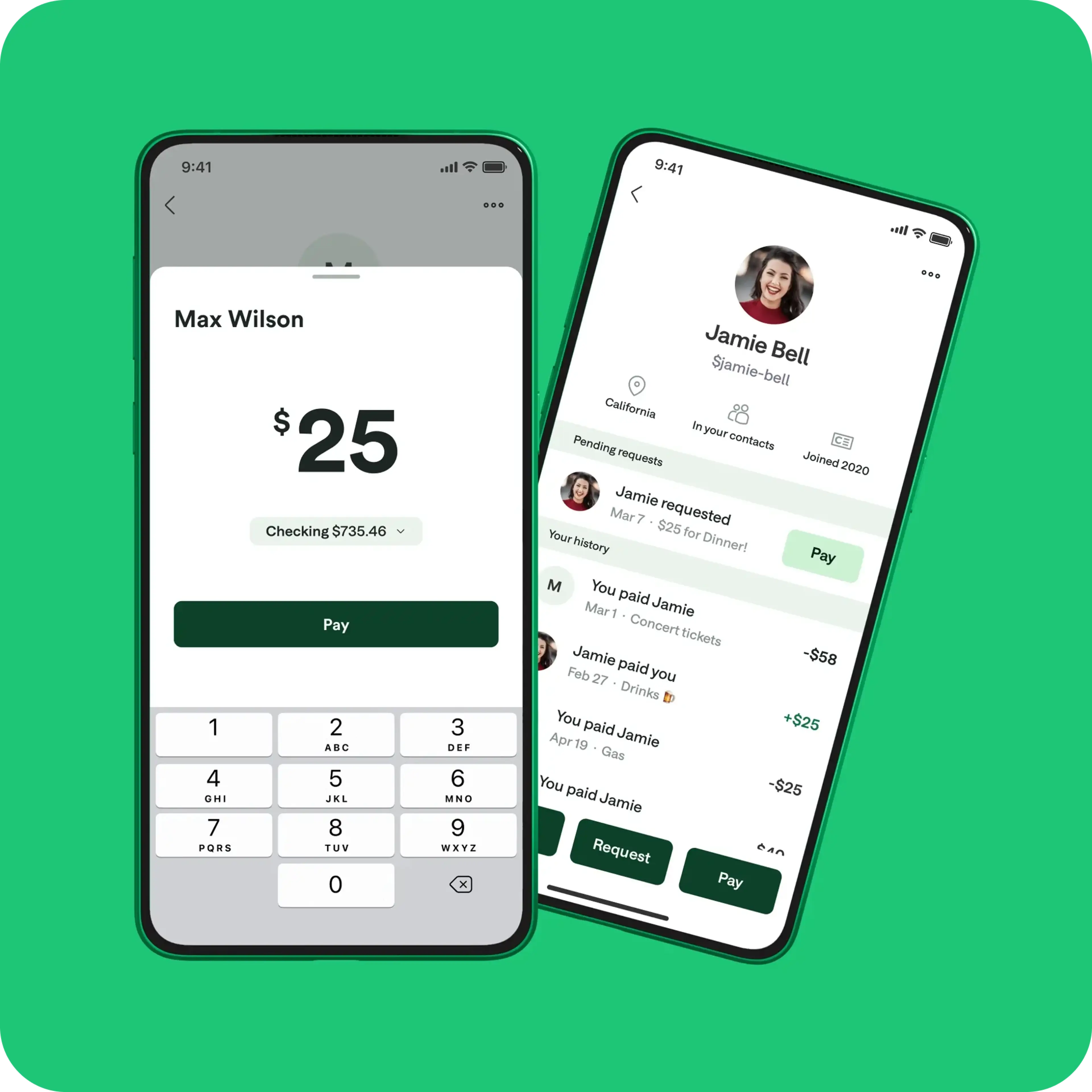 Chime payment and transaction screens.