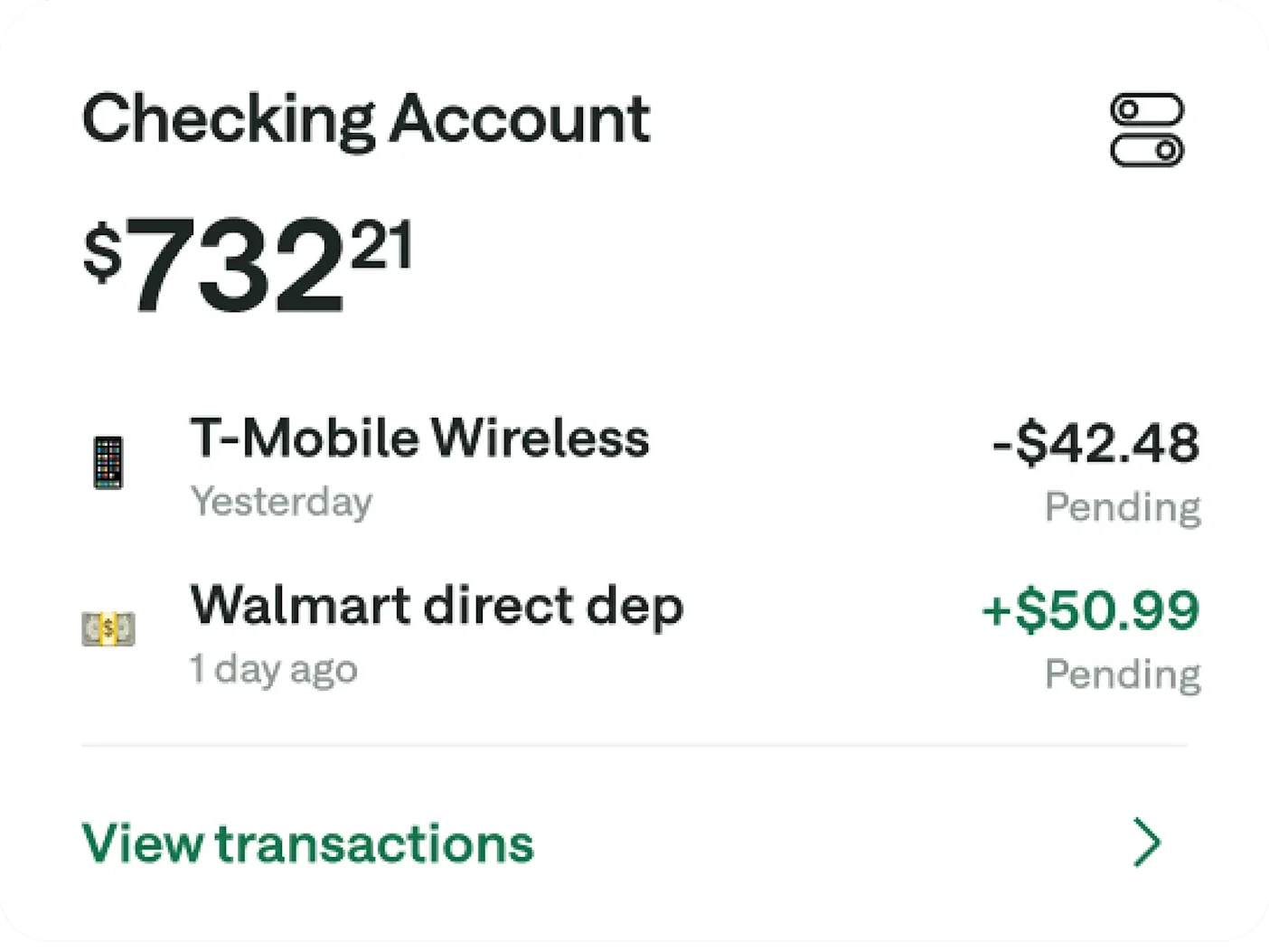 A checking account balance / transaction list screen.